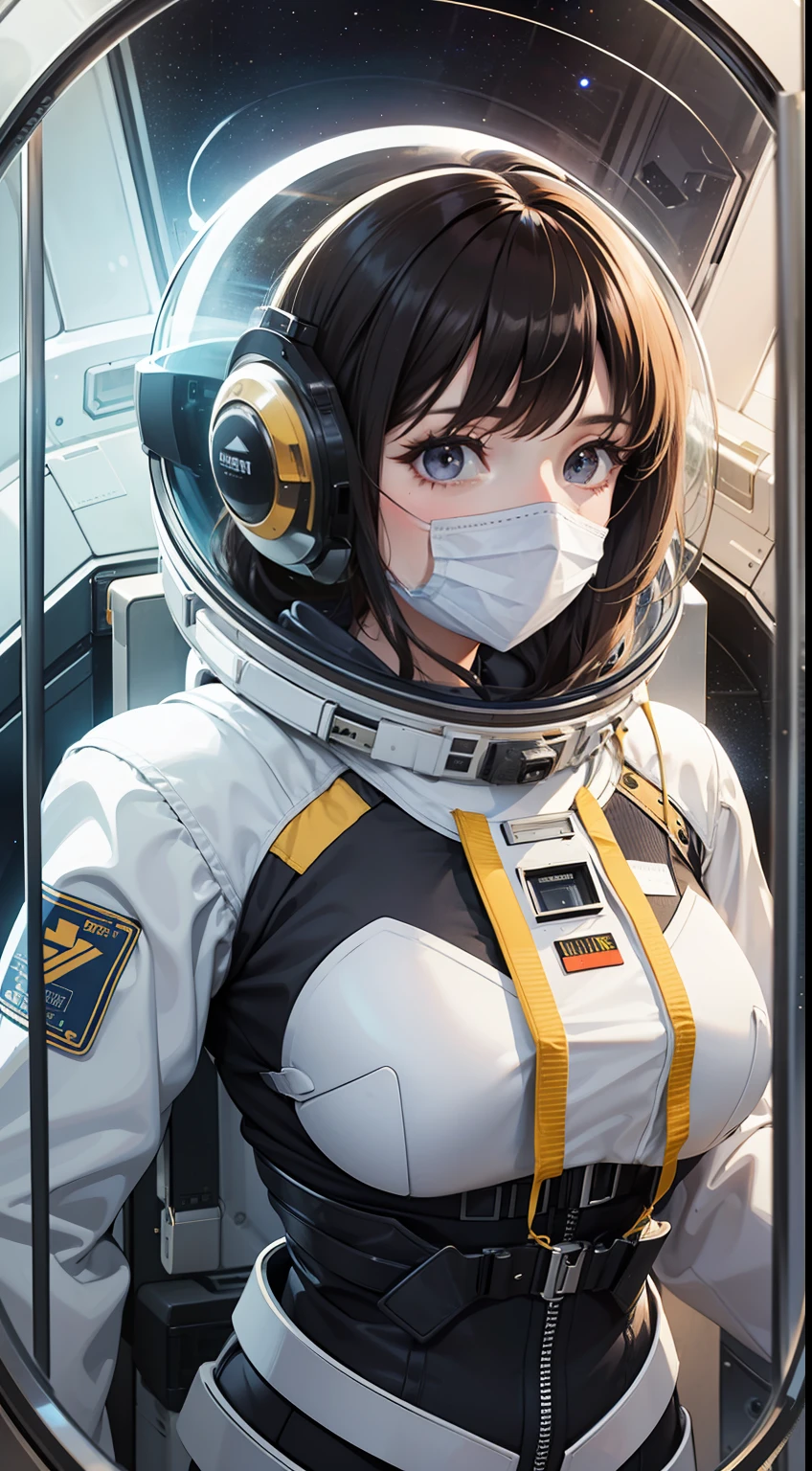 1Girl, space suit, large chest, helmet, transparent glass mask，Gravitational state, vacuum，Weightlessness, in the space capsule, direct sunlight on glass