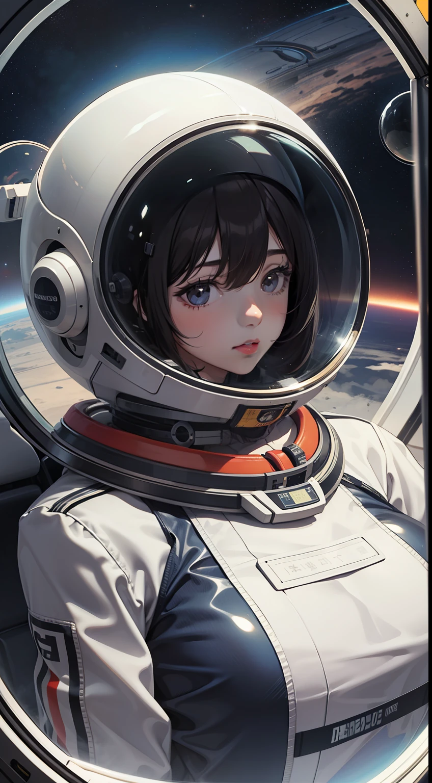 1Girl, space suit, large chest, helmet, transparent glass mask,Gravitational state, vacuum,Weightlessness, in the space capsule, direct sunlight on glass