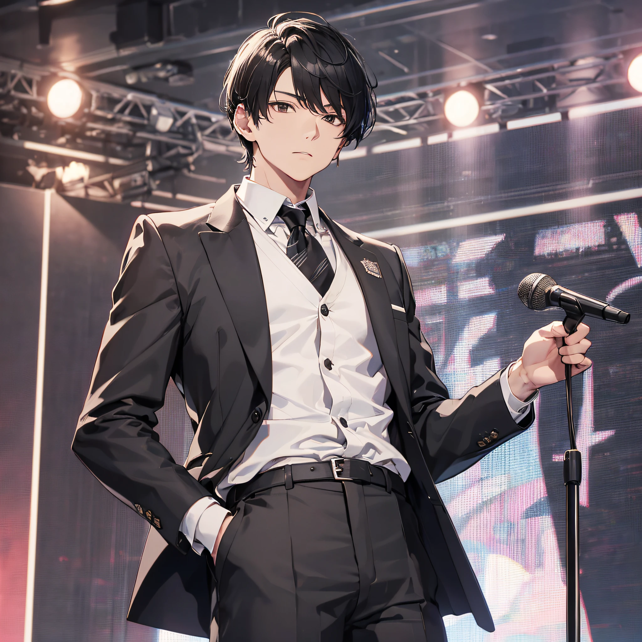 Absurd resolution, high resolution, (masterpiece: 1.4), hyper-detail, talk show stage, young man neatly short black hair, black suit, holding a microphone, serious expression