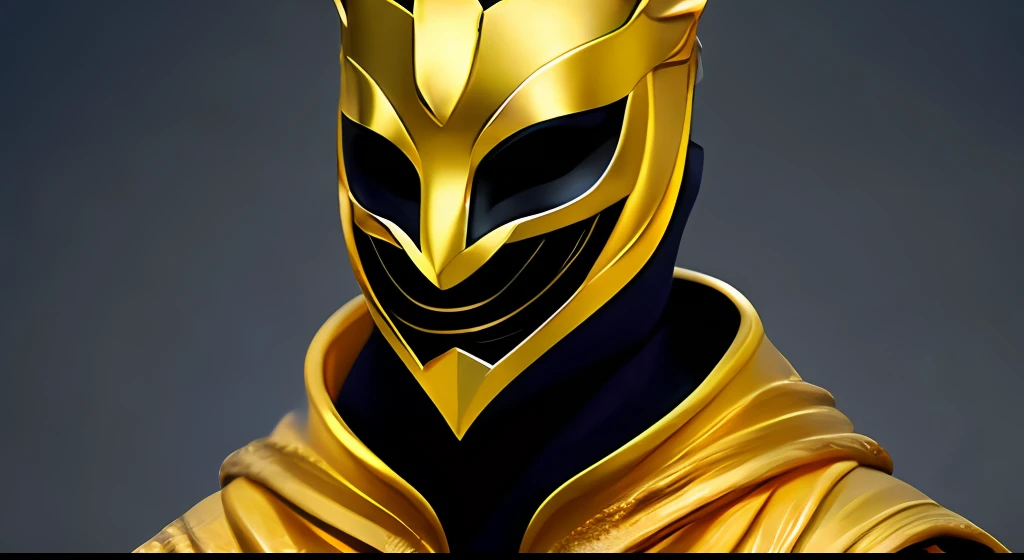 Mask man in golden robe, black mask, man, scepter, tall seat, sense of sacredness, mystery