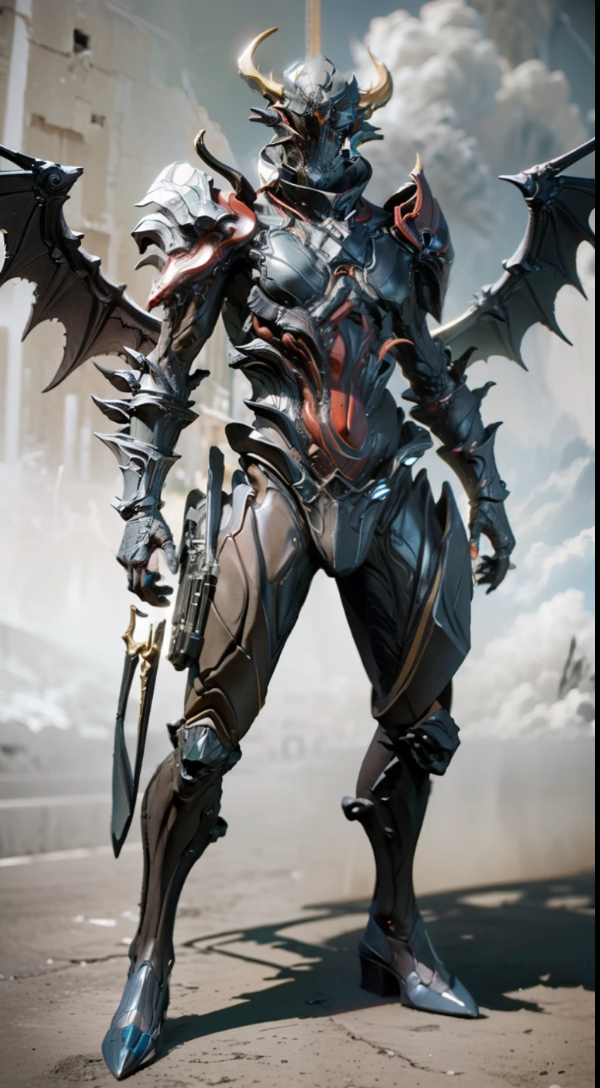 solo, super fine photo, full body picture Unreal Engine 5 8K UHD, male, black and ash graycolor scheme armor, demonic Warframe, red tattoo details, demon face with 6 shiny eyes, 6 long arms, hold a head of Grineer soldier, best quality, masterpiece, official art, unified 8k wallpaper, ultra detailed, sharp focus, dynamic pose, body parts,