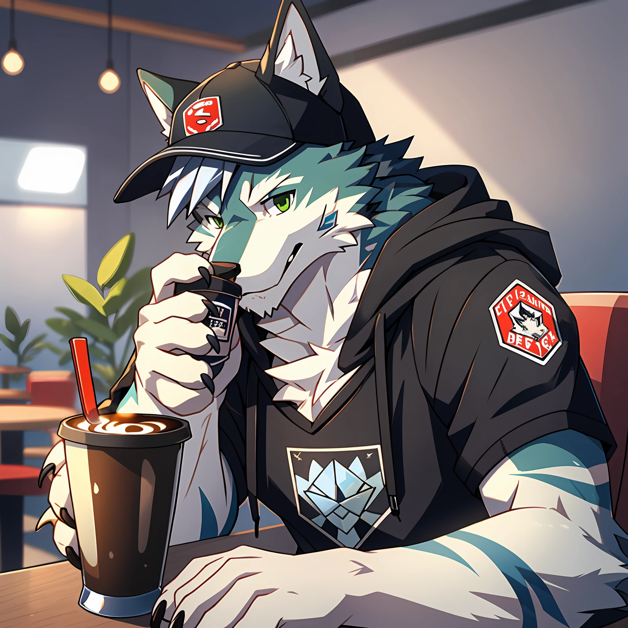 Solo, furry, male ice wolf, silver reflective hair, white skin, gray ears, dark green eyes, sharp claws, huge fluffy tail, wearing a black hoodie, wearing a red baseball cap, drinking coffee, detailed background, café