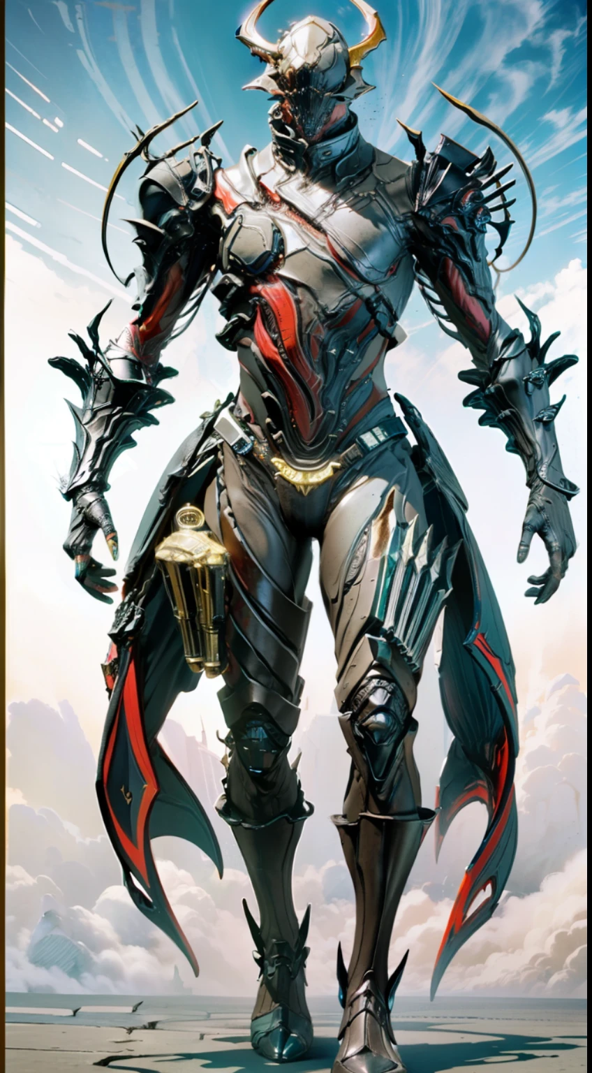 solo, super fine photo, full body picture Unreal Engine 5 8K UHD, male, black and ash graycolor scheme armor, demonic Warframe, red tattoo details, demon face with 6 shiny eyes, 6 long arms, hold a head of Grineer soldier, best quality, masterpiece, official art, unified 8k wallpaper, ultra detailed, sharp focus, dynamic pose, body parts,