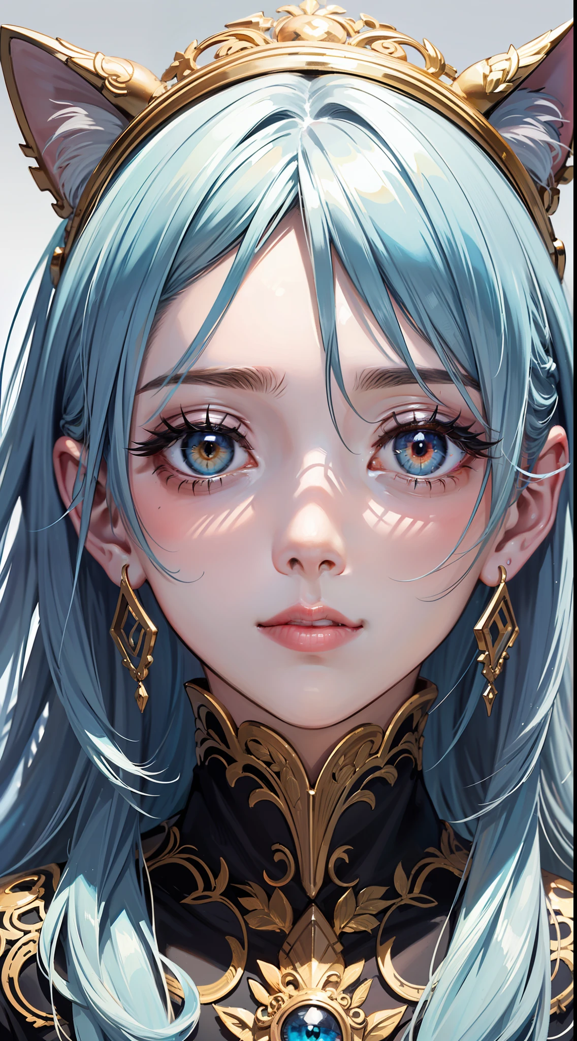 (masterpiece:1.3),(best quality:1.2),(extremely detailed:1.3), ((Eye close-up)),White background, Pale blue hair in a gradient,white border, Glowing eyes,just eyes,Golden eyes, cat-like vertical eyes,An intricate headpiece,Intricate details,