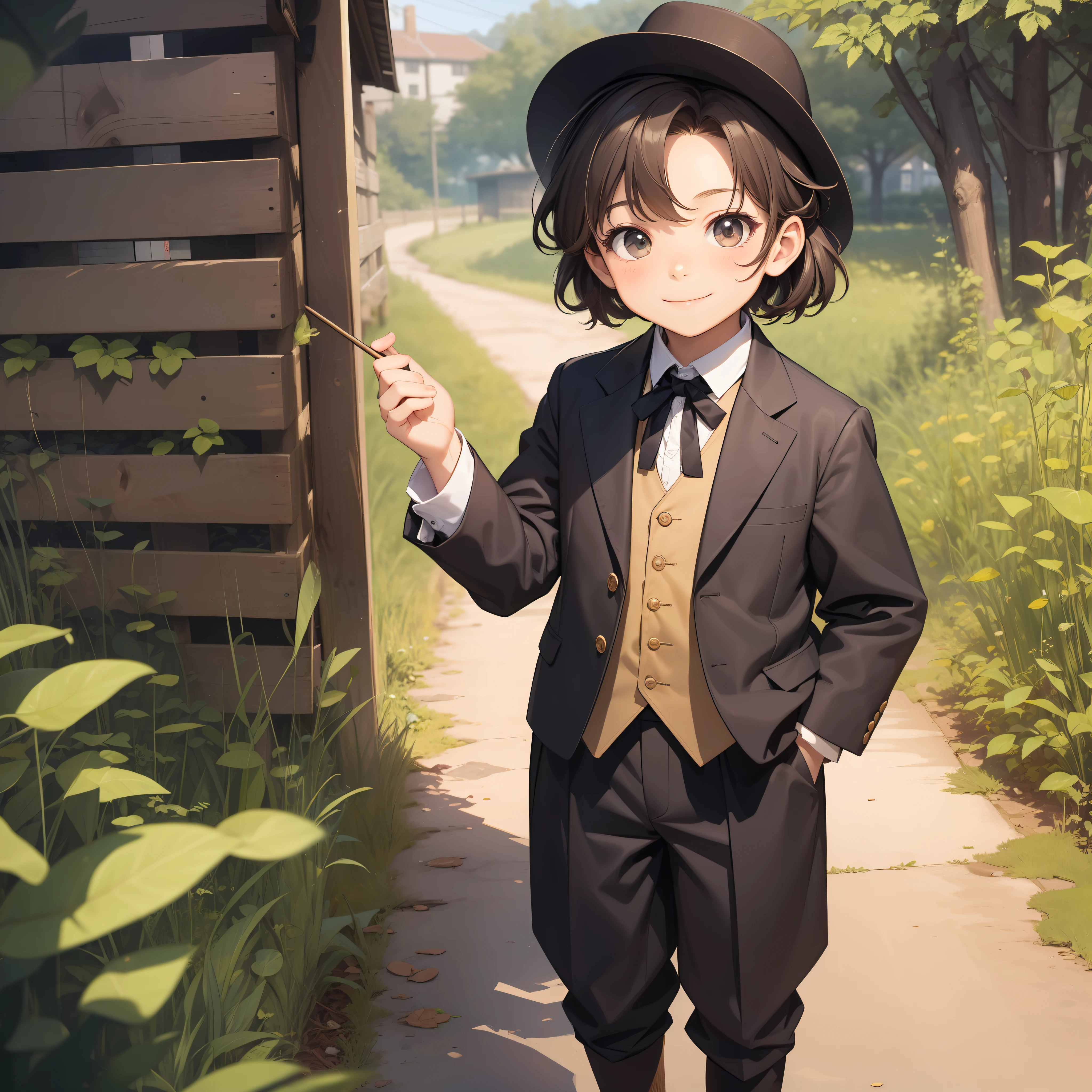 6-year-old boy, short wavy honey hair, humble Victorian clothes, innocent smile, abundant countryside, western features