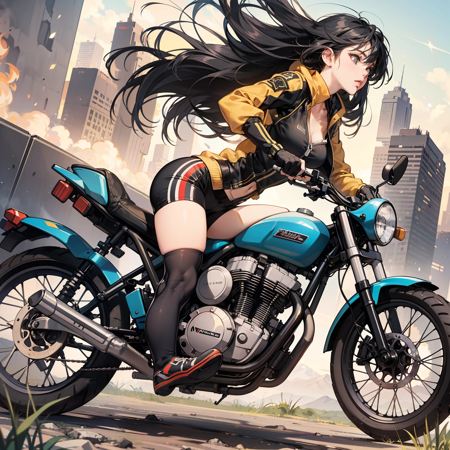 "Experience a thrilling cyberpunk journey through the eyes of a young woman riding a high-powered motorbike. She sports a golden-colored jacket, left open to reveal her stylish outfit consisting of bike shorts and riding shoes. With her hair shining and skin gleaming, she exudes an aura of beauty and strength. The artwork, rendered in ultra-detailed CG, captures multiple angles as she sprints with full power, navigating the treacherous terrain of mountains and public roads. The illustration showcases the intricate details of her costume, highlighting every stitch and accessory. The scene is brought to life with particle lighting, creating a beautiful and immersive atmosphere. Prepare to be captivated by this extremely delicate and stunning cyberpunk masterpiece, crafted with the best quality and attention to detail."