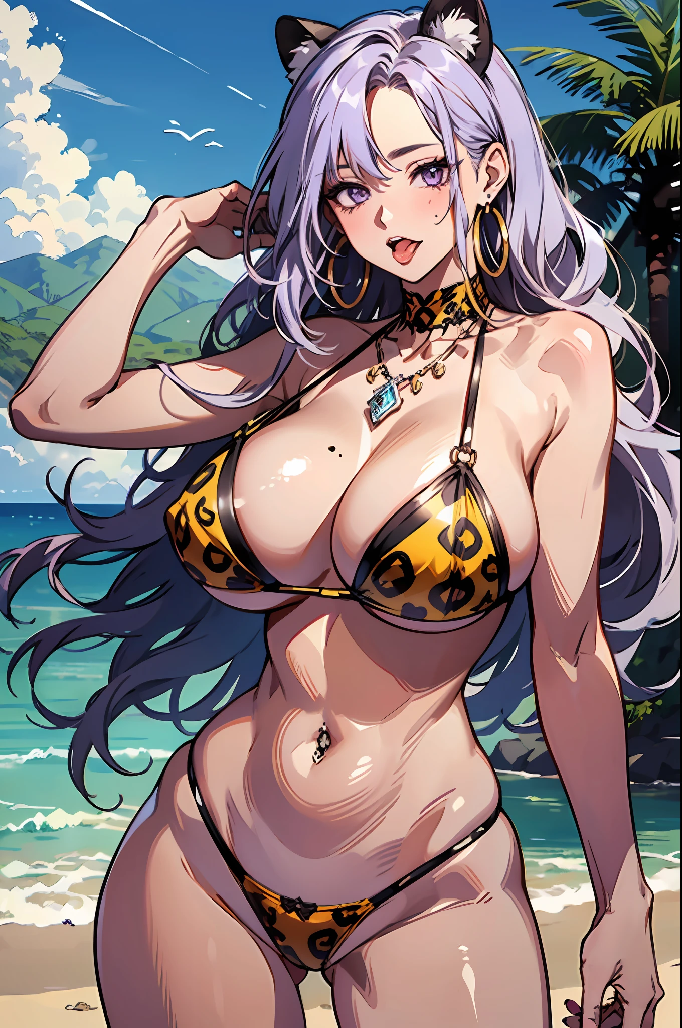 (highest quality), (masterpiece), (intricate high detailed body:1.2), gyaru, (shiny oiled skin:1.1), 1girl, sketch, leopard print micro bikini, two-tone hair, blonde hair and purple hair, long hair, blush, naughty face, (gigantic breasts:1.2),cleavage, hoop earrings, arms behind head, highleg bikini, ,hourglass figure, necklace, looking at viewer,  mole on breast, navel piercing, purple eyes, sideboob, slender waist, standing, tongue out, cowboy shot, bright beach