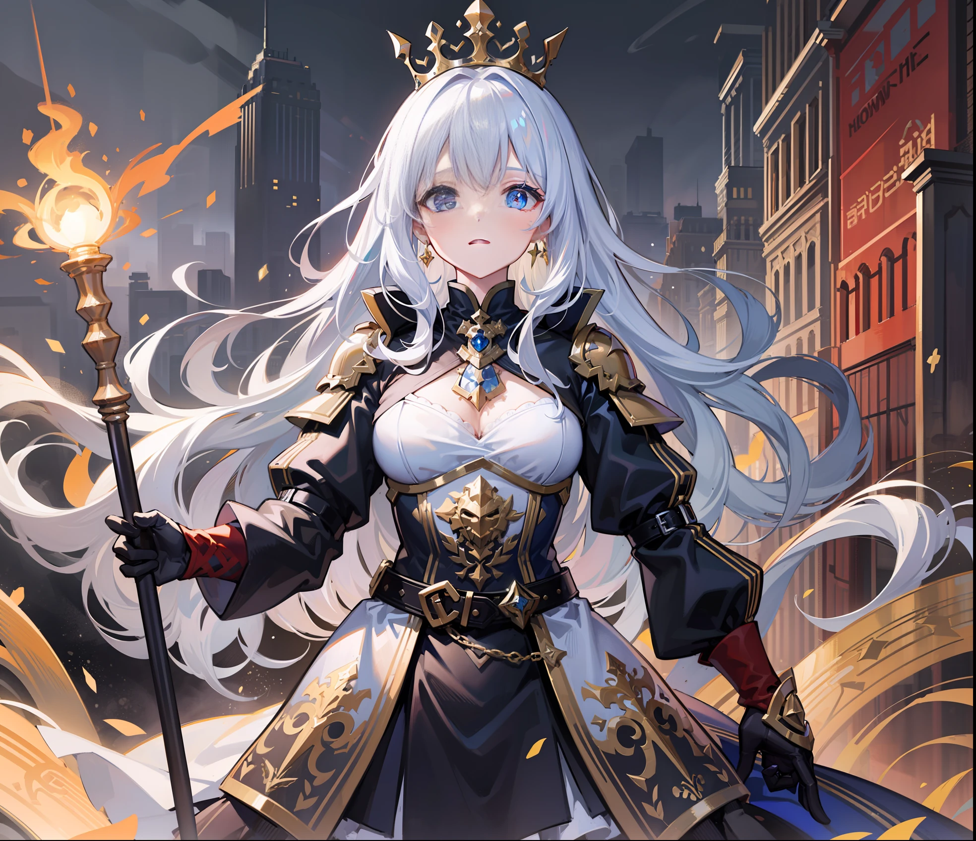 Game standing painting, half-body, a queen holding a long-pole military flag, the empress has long straight silver hair, wearing a white knight armor and wearing a jeweled crown, the armor has black patterns and metal ornaments, water waves and snowflakes surround her, the pattern of the military flag is red swirls, HD details, Tyndall effect, light and shadow enhancement, particle effects, Unreal Engine, 8k, dazzling flat paint, battle stance, indigo fog, golden streamer