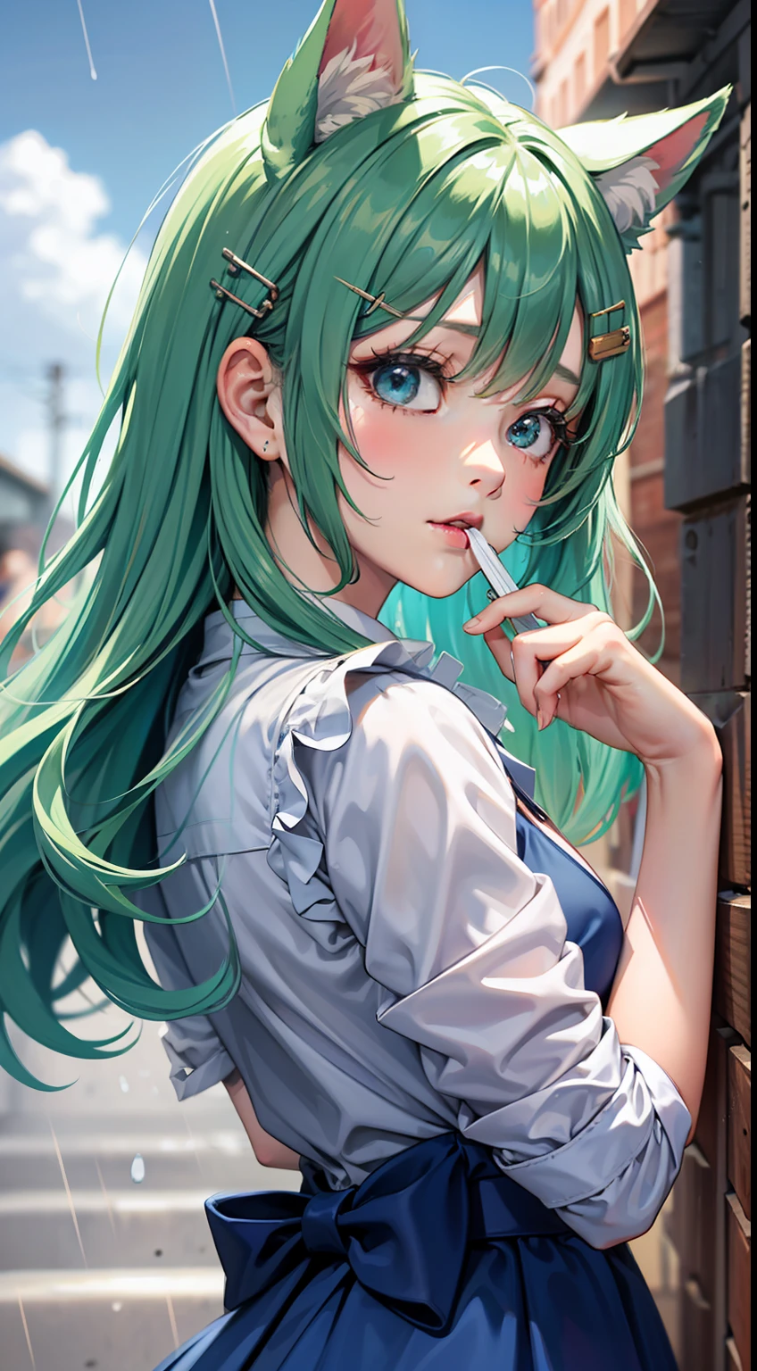 Uncensored|Reverso Context, pp focus|ass focus, ID photo|medium close up, greenhair, sky blue|azure, sky-blue dress|dress, hairclip|hairclip, dog ears|dog_ears, hand to mouth|hand_to_mouth, raining | raining, school/school|School / Academy ,