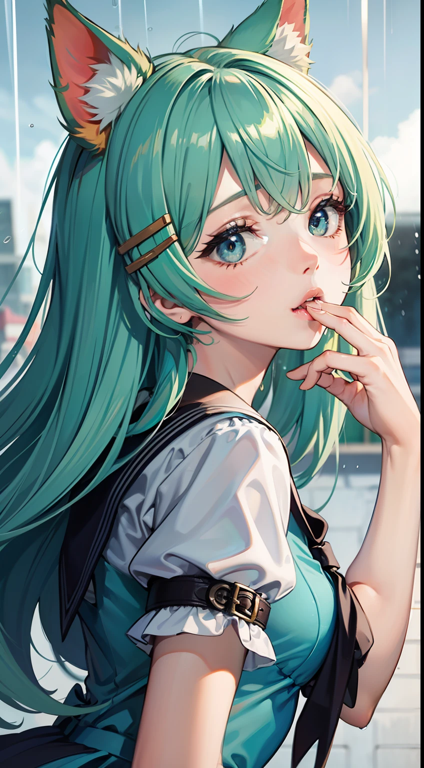 Uncensored|Reverso Context, pp focus|ass focus, ID photo|medium close up, greenhair, sky blue|azure, sky-blue dress|dress, hairclip|hairclip, dog ears|dog_ears, hand to mouth|hand_to_mouth, raining | raining, school/school|School / Academy ,
