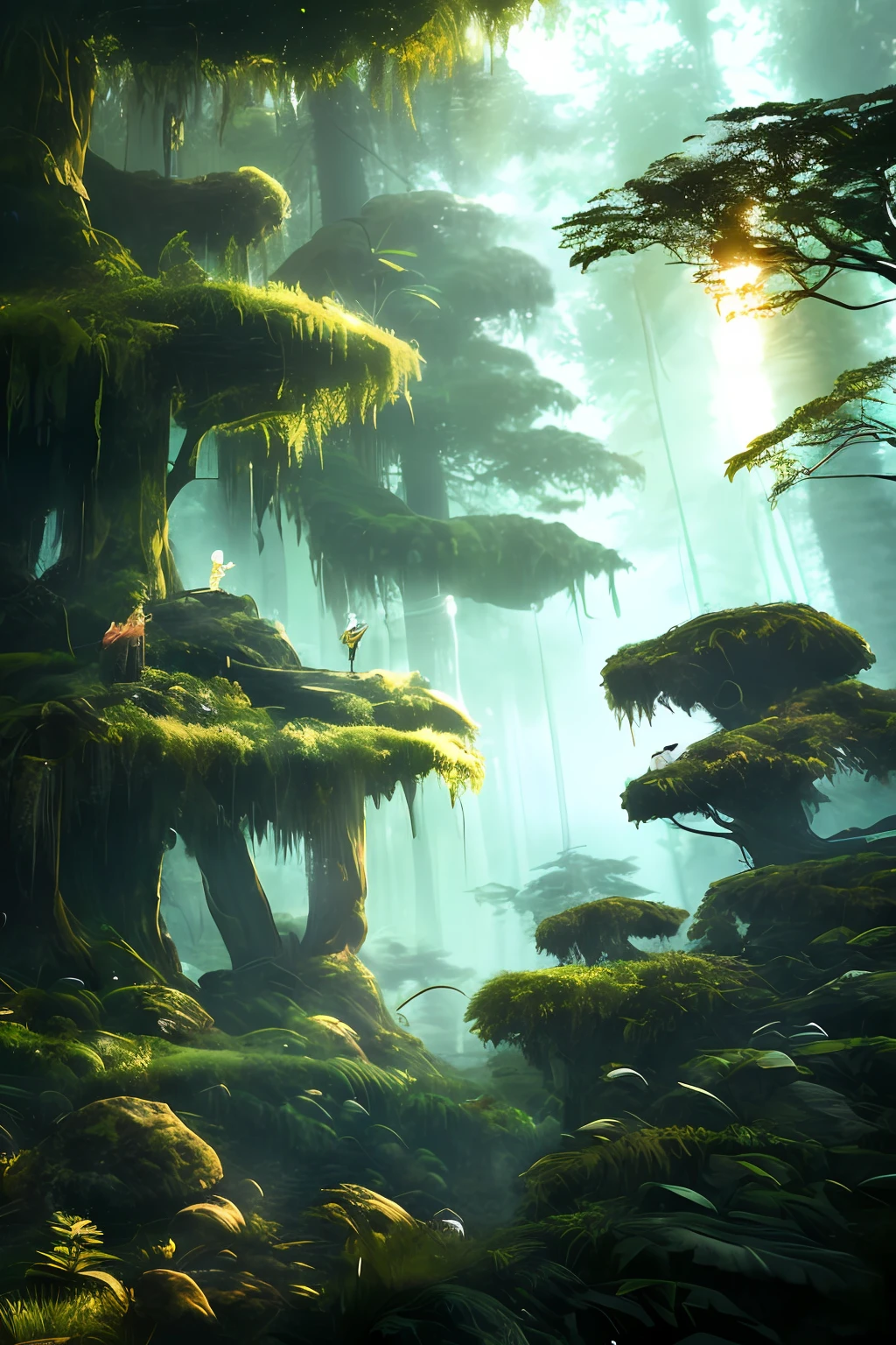 Bald man on his back playing piano in a rainforest