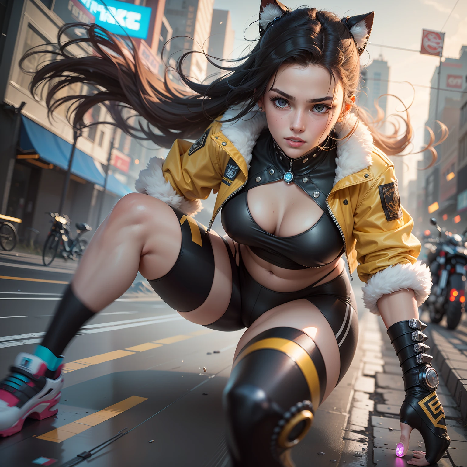 "Experience a thrilling cyberpunk journey through the eyes of a young woman riding a high-powered motorbike. She sports a golden-colored jacket, left open to reveal her stylish outfit consisting of bike shorts and riding shoes. With her hair shining and skin gleaming, she exudes an aura of beauty and strength. The artwork, rendered in ultra-detailed CG, captures multiple angles as she sprints with full power, navigating the treacherous terrain of mountains and public roads. The illustration showcases the intricate details of her costume, highlighting every stitch and accessory. The scene is brought to life with particle lighting, creating a beautiful and immersive atmosphere. Prepare to be captivated by this extremely delicate and stunning cyberpunk masterpiece, crafted with the best quality and attention to detail."