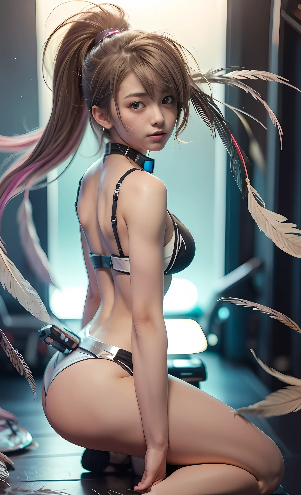 cyborg, girl, cute, sexy, strong, slender, bikini, high leg, silver, feathers on back