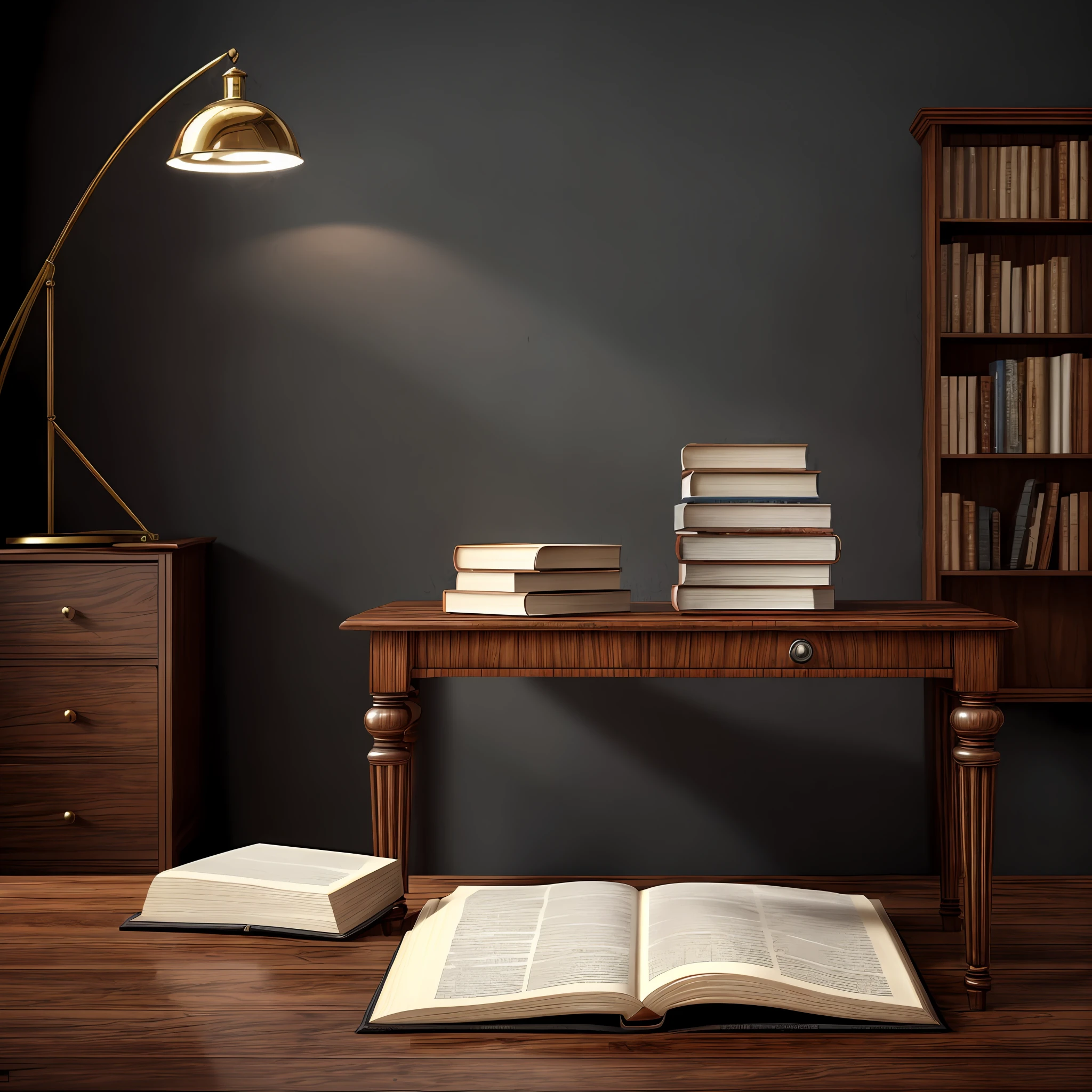 Set of an office with a soft gray wall background, with a mini library, varnished wooden desk and black office chair, on top of the table place a justice hammer, a double weight scale, and a Holy Bible, Brazilian justice, and some document papers in a pile in the corner,  Realistic scene, 16k, with light and shadow, illuminated environment, (hyper-realistic), (high quality), (ultra detailed).