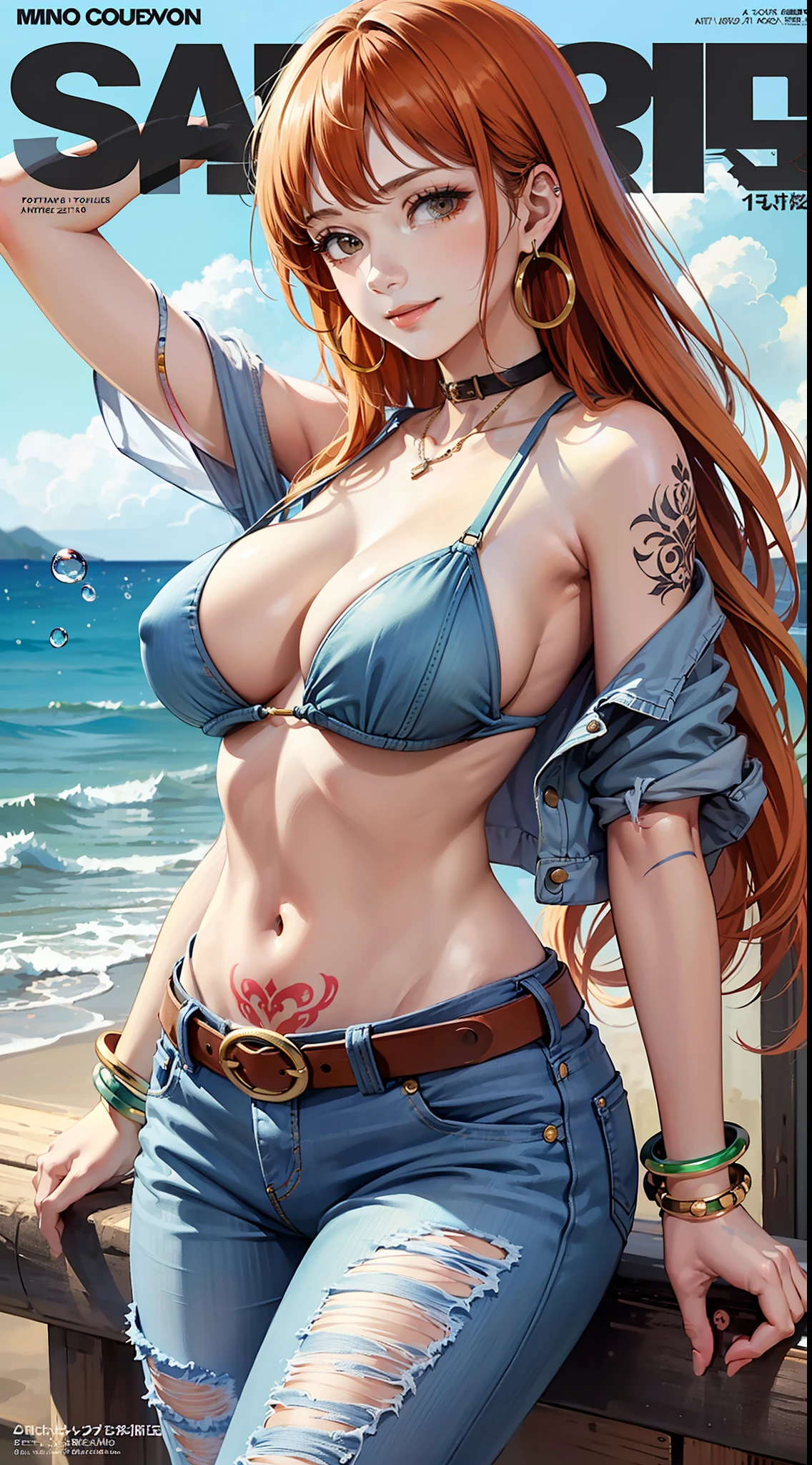 (masterpiece:1.4, best quality:1.4), illustrations, (solo:1.2), (original), (very detailed wallpaper), photographic reality, (ultra detailed:1.4), (super complex details), ((Magazine cover-style:1.4)nami \(one piece\), 1girl, bangle, bangs, bare shoulders, belt, bikini, bikini top only, blue sky, bracelet, breasts, brown eyes, bubble, cleavage, cloud, cowboy shot, day, denim, earrings, floating hair, green belt, green bikini, groin, jeans, jewelry, large breasts, log pose, long hair, looking at viewer, navel, orange hair, pants, shoulder tattoo, sidelocks, sky, smile, solo, standing, stomach, swimsuit, tattoo , ((masterpiece))