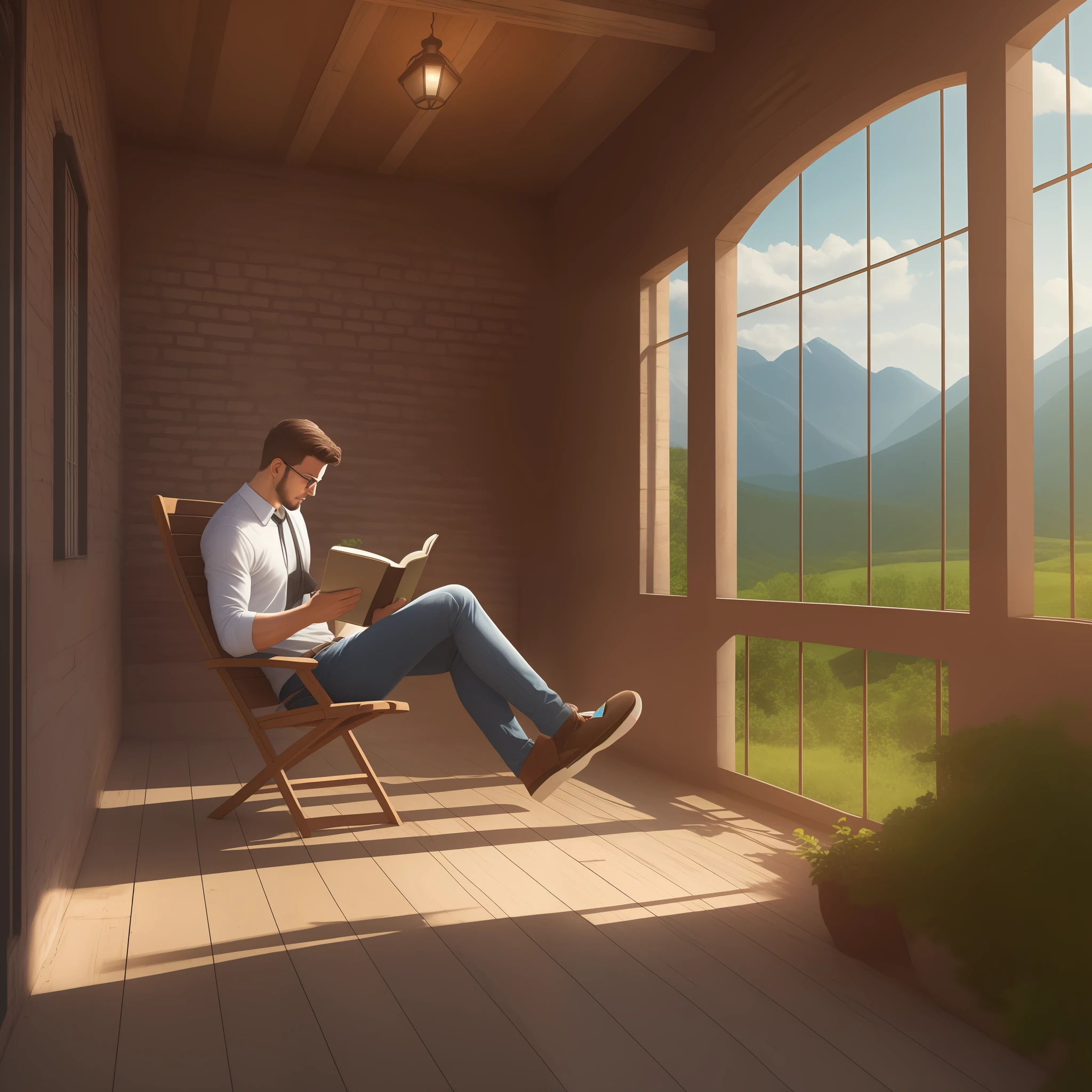 Ultra realistic, 4K A man on his back reading a book with a beautiful landscape in the background