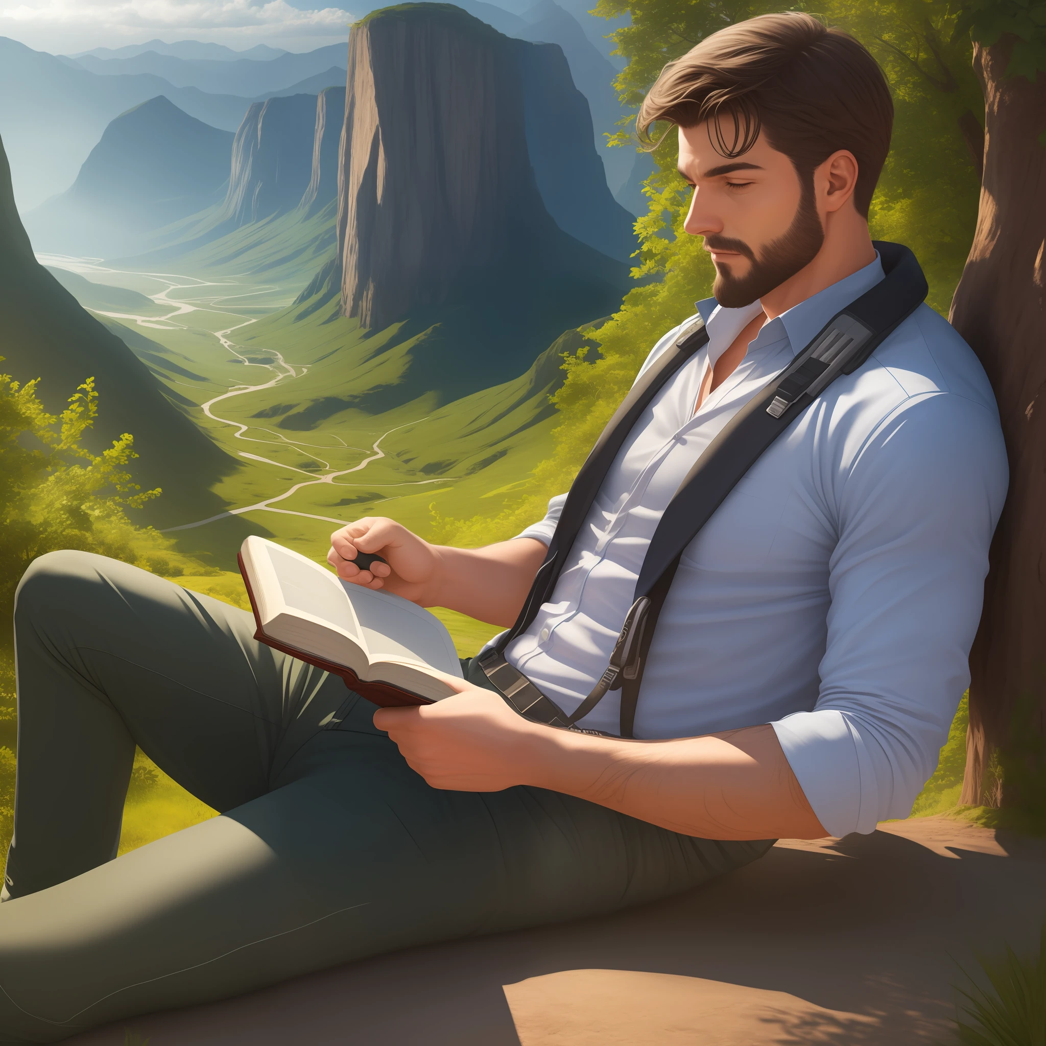 Ultra realistic, 4K A man on his back reading a book with a beautiful landscape in the background