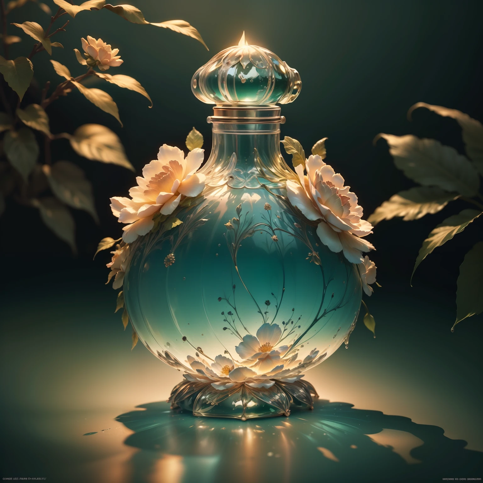 Close up of a bottle of green liquid on the table, glass skin, beautiful green liquid, flowers in the background, elegant green, exquisite details, bottle, inspired by Anna Fossley's Evariste Vitale Luminais, surreal, realistic illustrations, high quality 3D realistic, volumetric, realistic 3D style, realistic magazine pictures