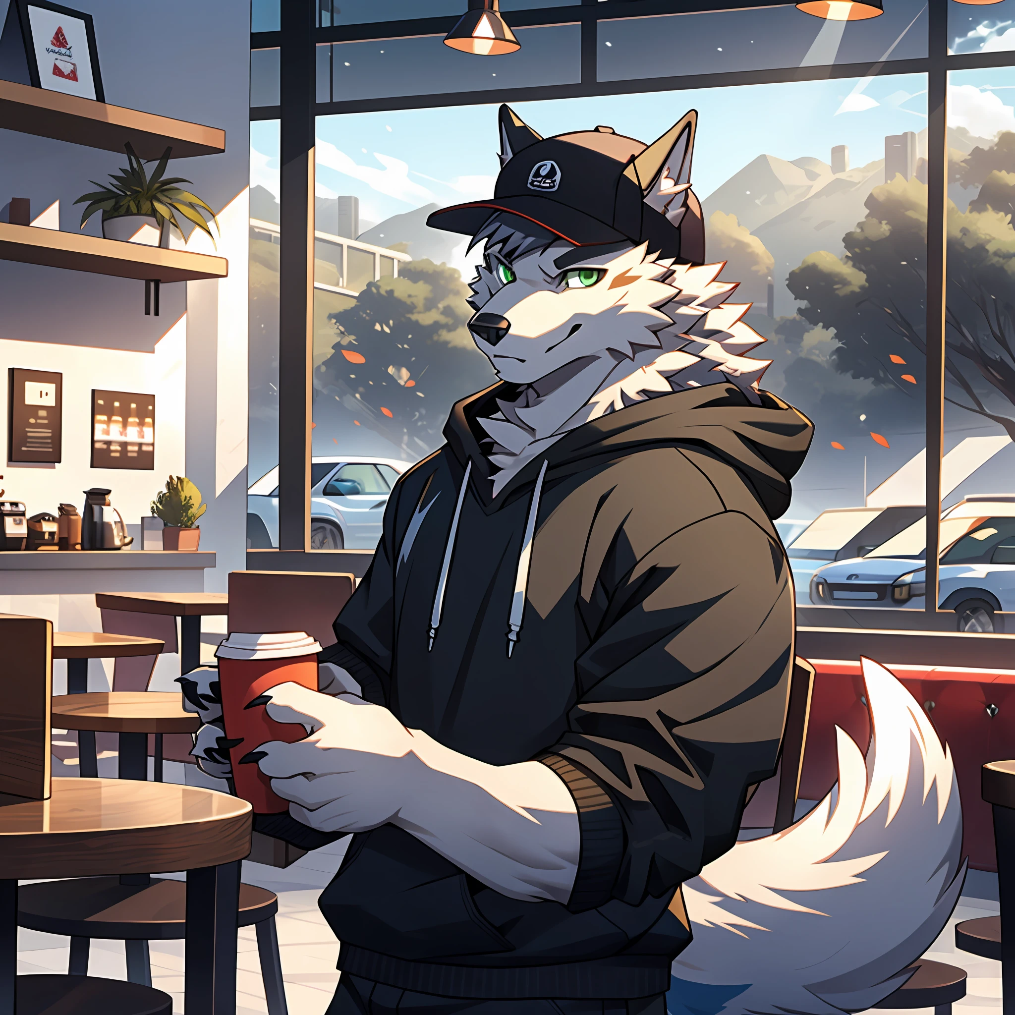 Solo, furry, male ice wolf, silver reflective hair, white skin, gray ears, dark green eyes, sharp claws, huge fluffy tail, wearing a black hoodie, wearing a red baseball cap, drinking coffee, detailed background, café