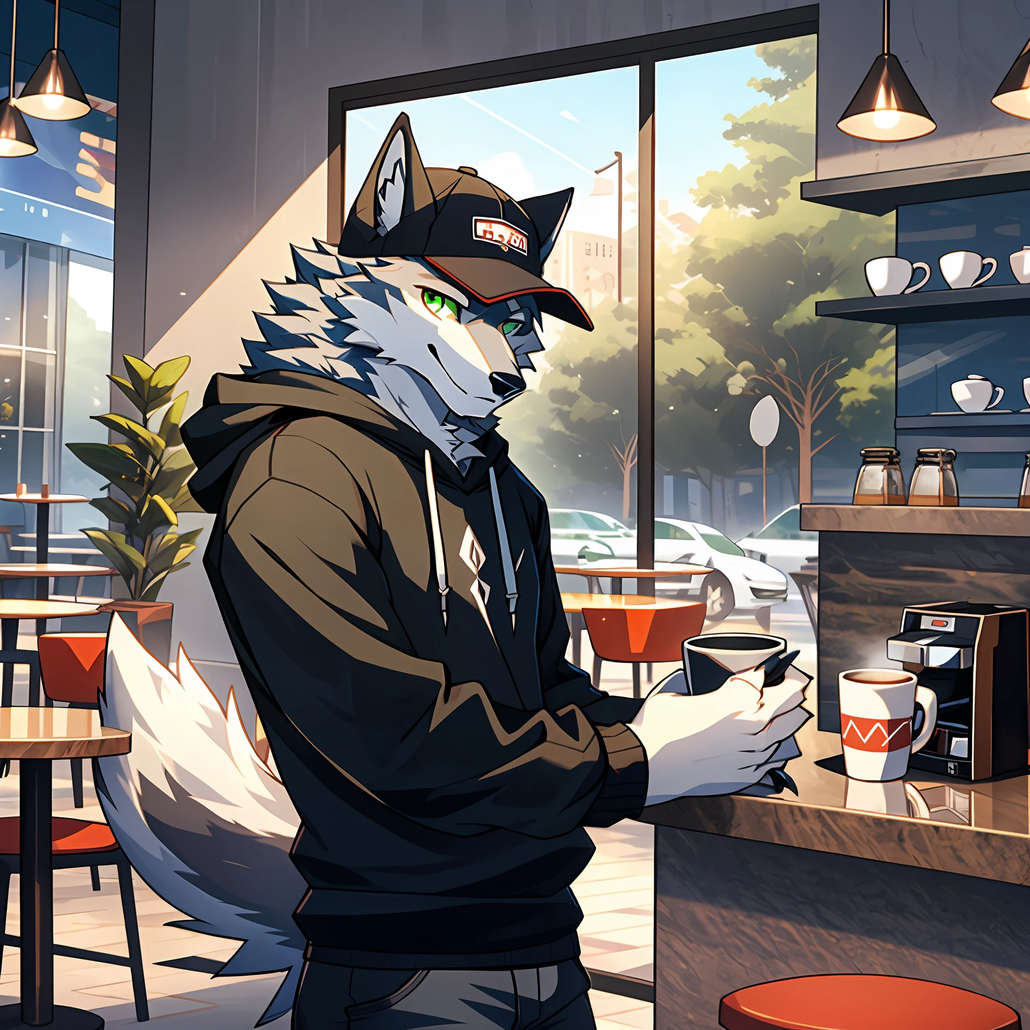 Solo, furry, male ice wolf, silver reflective hair, white skin, gray ears, dark green eyes, sharp claws, huge fluffy tail, wearing a black hoodie, wearing a red baseball cap, drinking coffee, detailed background, café