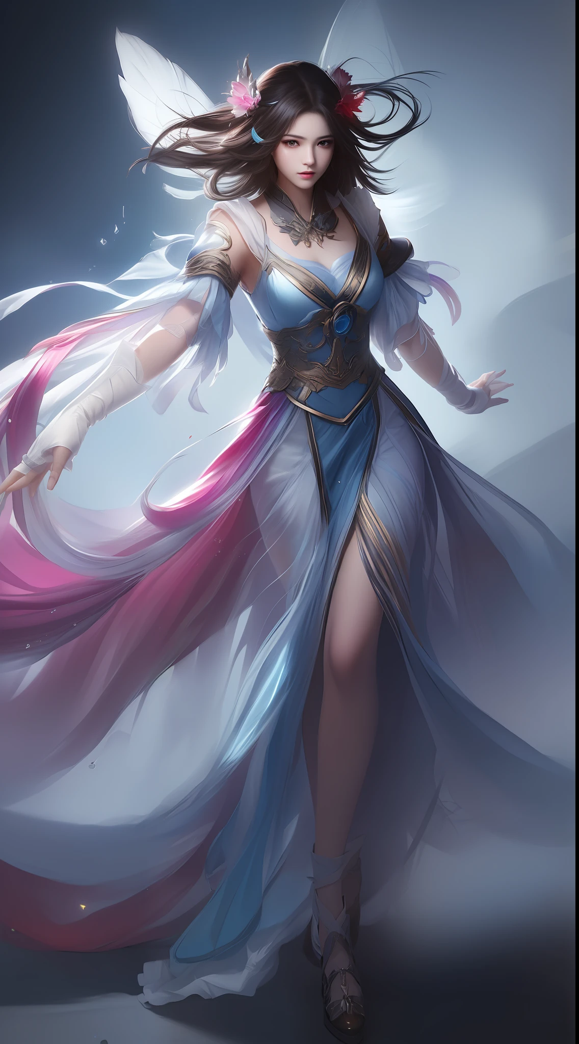 (8k, RAW Photos: 1.2), Best Quality, Illustration, Beautiful Painting, 1 Woman, Beautiful Face, Delicate Skin, Gorgeous Bun, Hair Accessories, Hanfu, Full Body, High Detail, Accent, Color Ink Painting, Splash Color, ((((colorful))), lycoris, sketch, denoising, ink splash, dramatic, cinematic, particle effects, fairy style, white background, super high resolution, best shadow, RAW, (HDR) (wallpaper) (cinematic lighting) (sharp focus), masterpiece, (Very detailed CG unified 8k wallpaper)