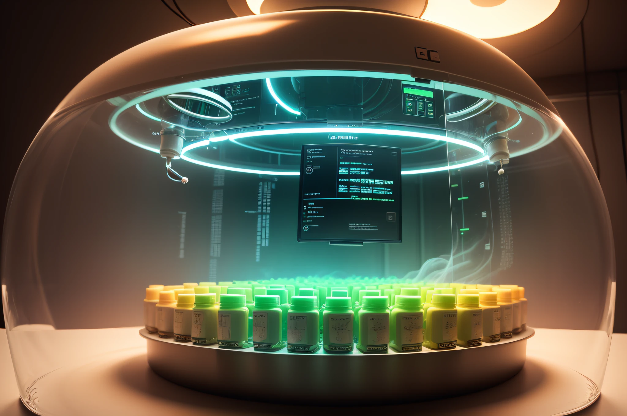 ((photo)), ((best quality)), ((masterpiece)), ((detailed)), a science laboratory with medical equipment and bright white led light, looking down into a round embryo storage freezer with hundreds of glowing neon green vials in an evenly spaced array covered in liquid nitrogen smoke or mist.