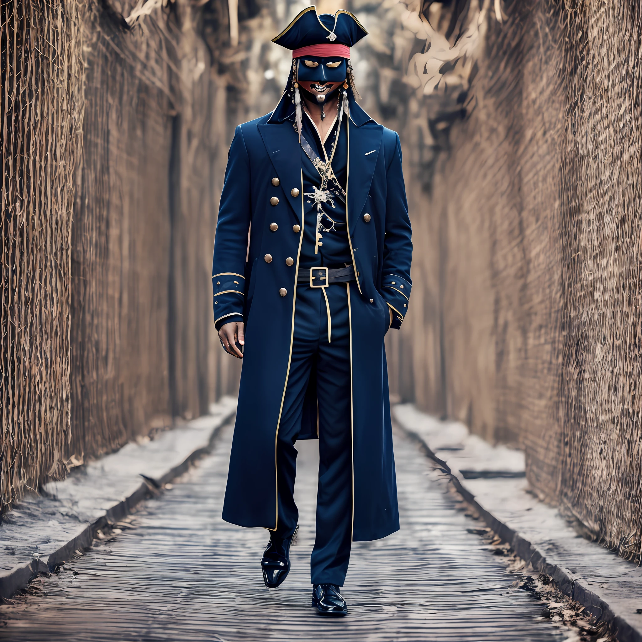 Dark-skinned man black hair with black mask a navy blue overcoat black pants ((pirate))(full body)