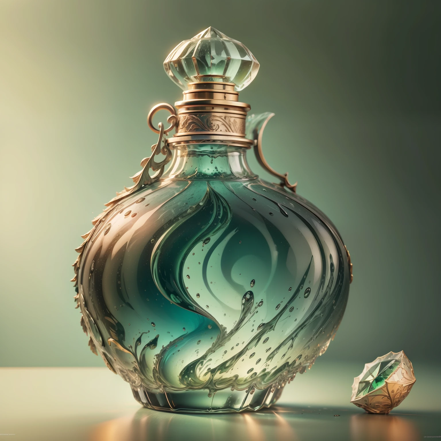 a close up of a bottle of green liquid on a table, glass skin, beautiful green liquid, an elegant green, exquisite detail, bottle, inspired by Évariste Vital Luminais, by Anna Füssli, a hyper realistic, photorealistic illustration, high quality 3d realistic, volumetric, realistic 3 d style, photorealistic magazine picture