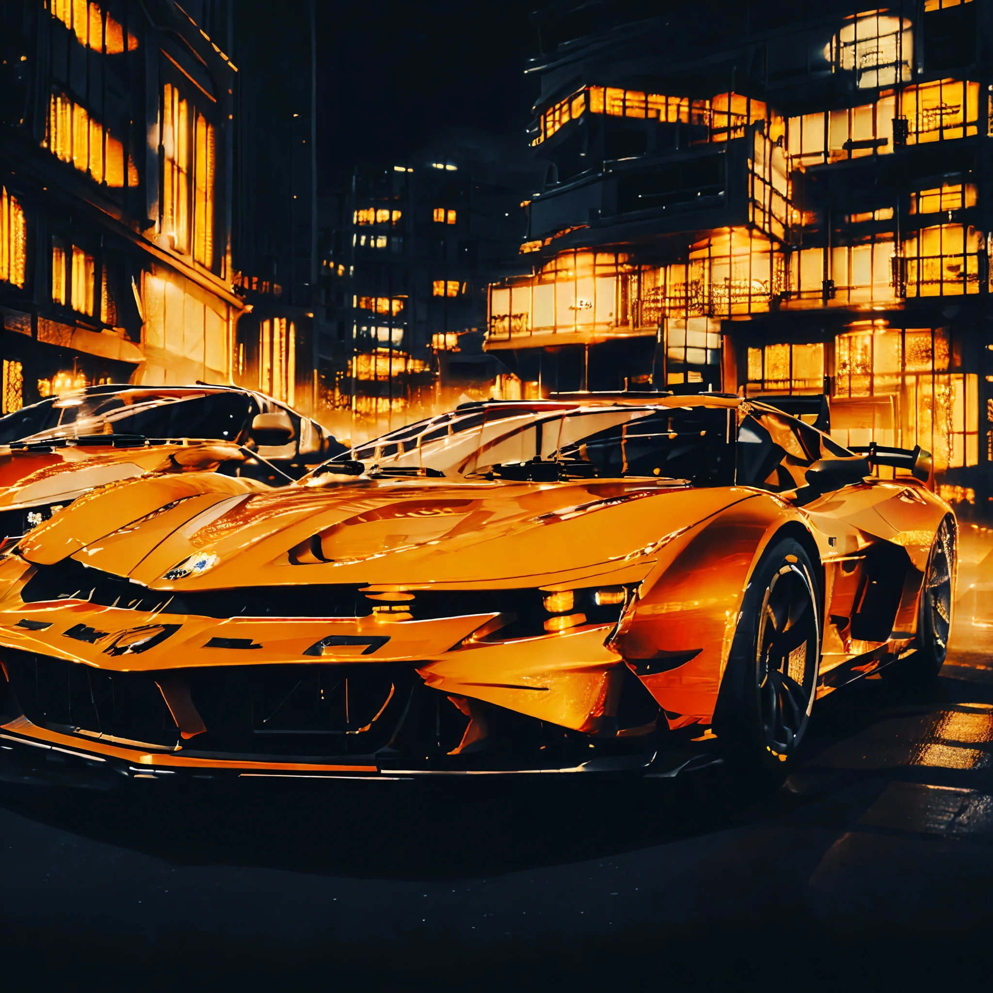 a screenshot of racing cars in a night time game, in the style of asher brown durand, realistic and hyper-detailed renderings, orange, exotic realism, alan lee, 32k uhd, grid-based --auto --s2