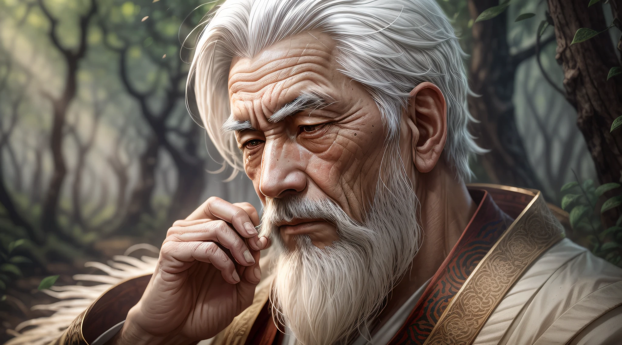bring this scene to life with oriental Zen flair in the overall aesthetic: a white-haired, white-bearded old sage in the woods, close-up on his ultra-detailed face, perfect skin and hands