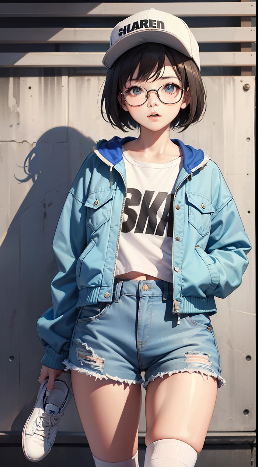 masterpiece, best quality, high resolution, 1girl, hat, socks, bandaid, jacket, baseball cap, shoes, shorts, glasses, looking at viewer, shirt, sneakers, white shorts, standing on one leg, open clothes, long sleeves, leg up, white headwear, bandaid on leg, standing, kneehighs, solo, blue socks, bandaid on face, short hair, blue shirt, white footwear, denim, open jacket, closed mouth, short shorts, sleeves past wrists, sidelocks,