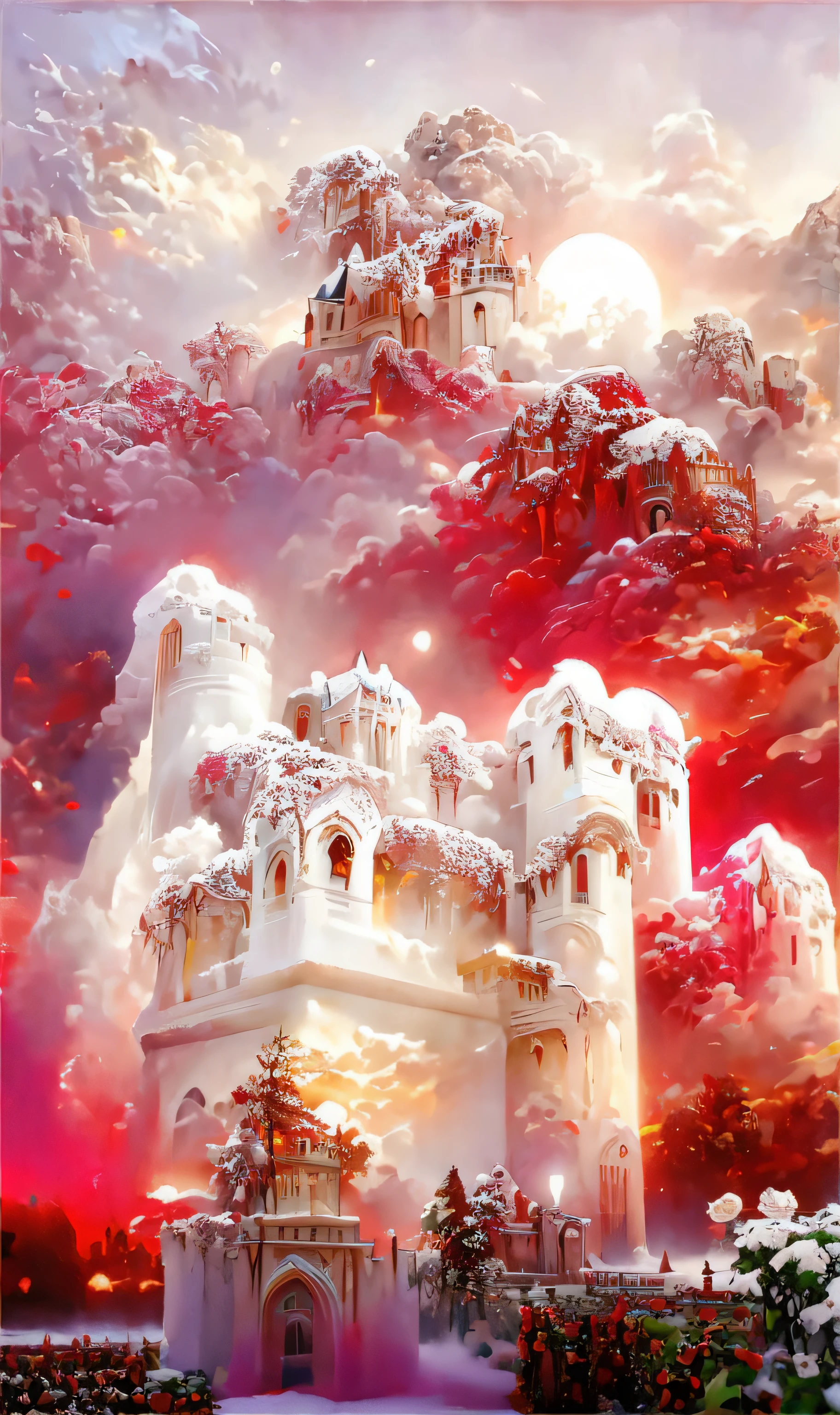 Best quality, super high resolution, 16K, lots of detail, a painting in a castle with a lot of snow in the sky, in the white cloud wonderland, in the white cloud wonderland, flying cloud castle, castle in the clouds, lying on the white cloud wonderland, beautiful detailed fantasy, cloud palace, detailed fantasy digital art, castle made of clouds, 4K highly detailed digital art, light kingdom background