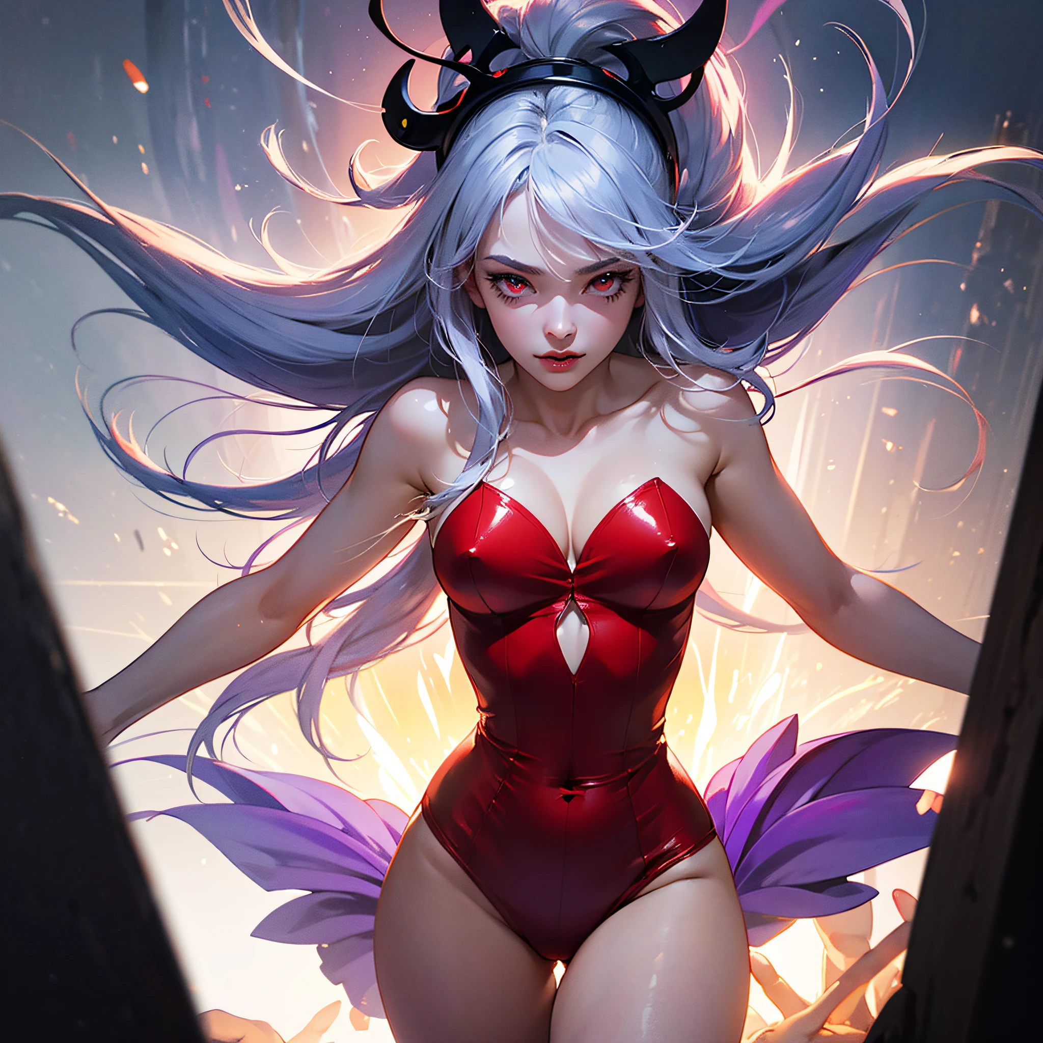(Trend artstation, pixiv, anime style), an adult woman (11 years old), long hair with bangs, white hair with purple details (hair color: white with purple details) detailed body ((huge breasts, giant breasts, (large thighs, wide hips, thin waist)), wearing bands all over the body (color of the bands: white with red details) glued to the body, red eyes (red eyes,    red iris), excited, crazy, sensual, sexy, sensual pose, concept art, anime style, reflection light, backlighting, cinematic lighting, high detail, surrealism, realism, hyperrealism, masterpiece, anatomically correct, super detail, high detail, high quality, award-winning, best quality, anime, ray tracing, pov, UHD, 8k --auto