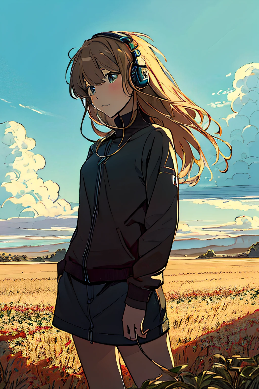 an anime girl wearing headphones and standing in a field, in the style of realistic hyper-detailed portraits, cabincore, earthy colors, ambitious, dinopunk, atmospheric clouds, bold, manga-inspired characters