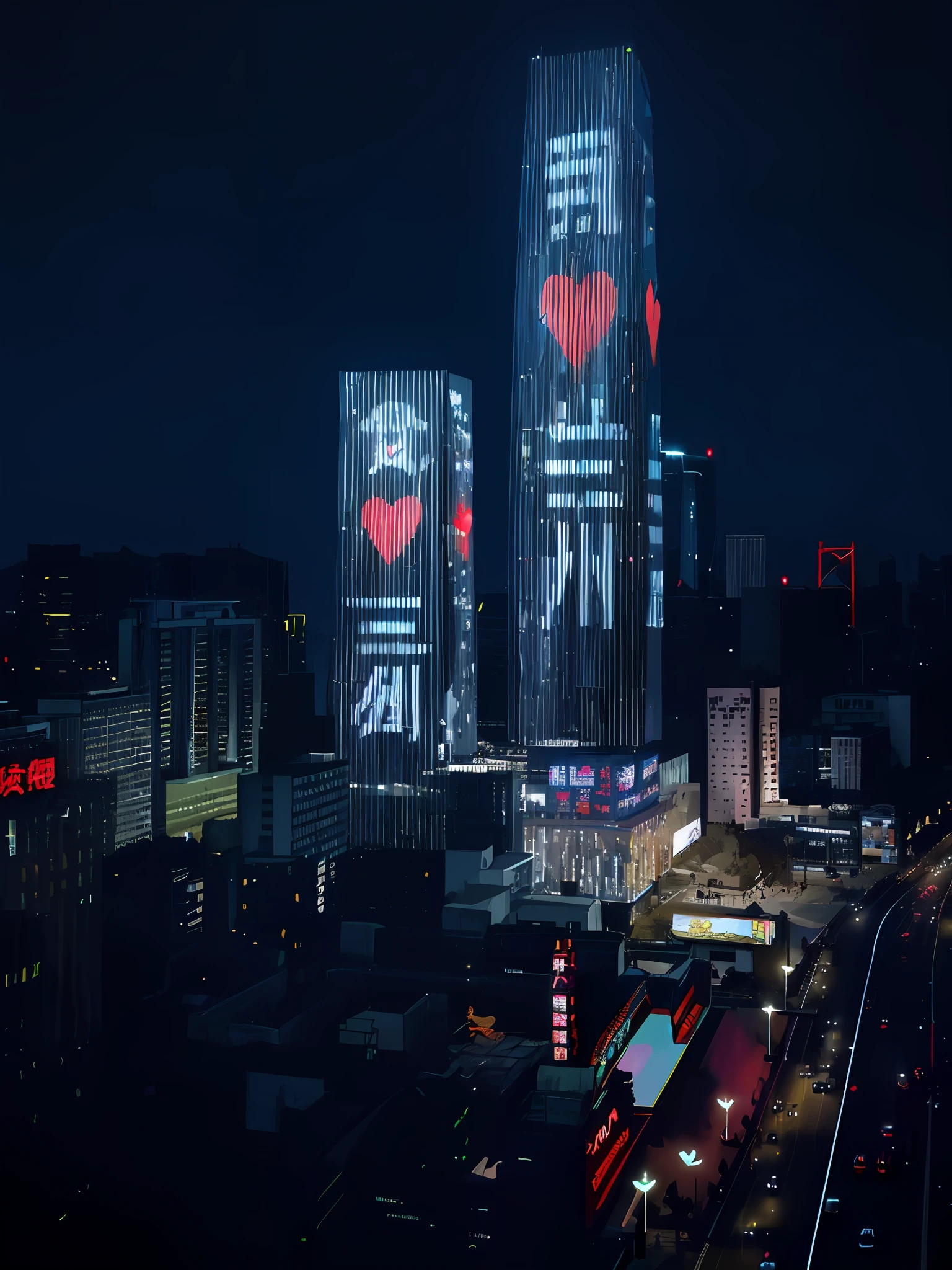 there are two skyscrapers with a heart on them in the city, projection mapping, overlaid with chinese adverts, giant red led screens, giant led screens, shenzhen, beijing, sha xi, lu ji, inspired by Cheng Jiasui, large commercial led screens, inspired by Zhang Xiaogang, neon city in the background, large led screens