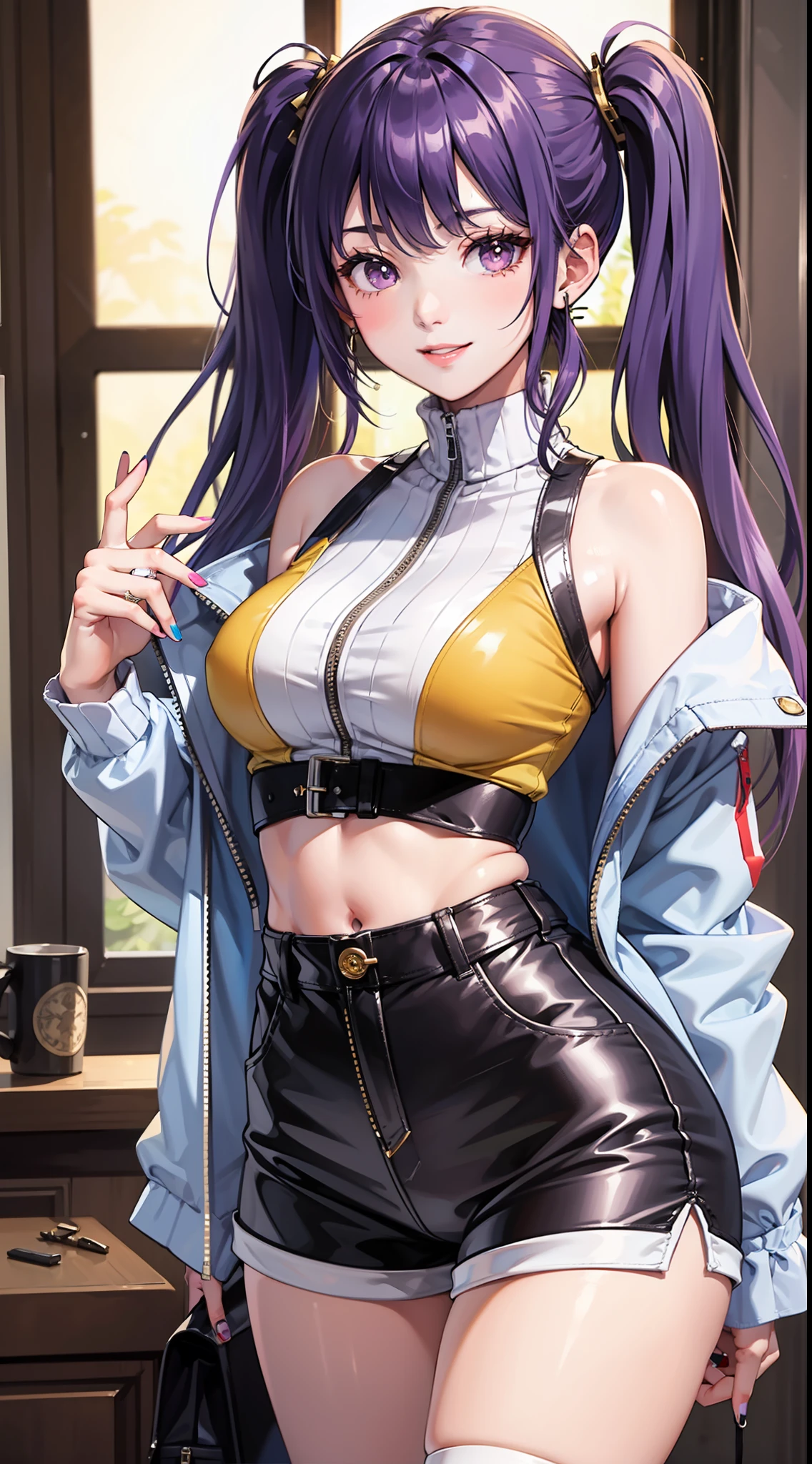 1girl,solo,jewelry,high-waist shorts,sleeveless,earrings,looking at viewer,shirt,jacket,breasts,off shoulder,shorts,plant,cowboy shot,smile,yellow jacket,blue hair,multicolored hair,black shorts,white shirt,sleeveless shirt,bangs,open clothes,bare shoulders,indoors,closed mouth,standing,long sleeves,long hair,day,medium breasts,open jacket,frills,purple hair,nail polish,thighs,shirt tucked in,holding,lips,window,twintails,pink eyes,turtleneck,bag,short shorts,ring,(girdle:1.4),