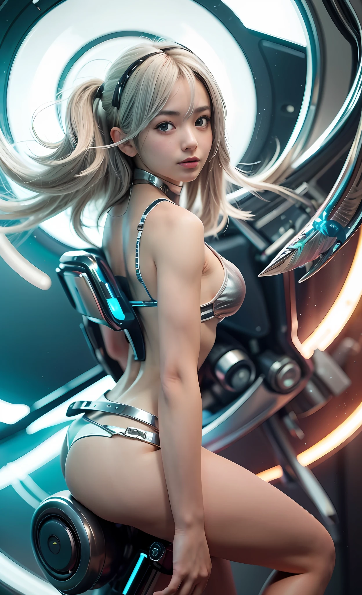 cyborg, girl, cute, sexy, strong, slender, bikini, high leg, silver, feathers on back