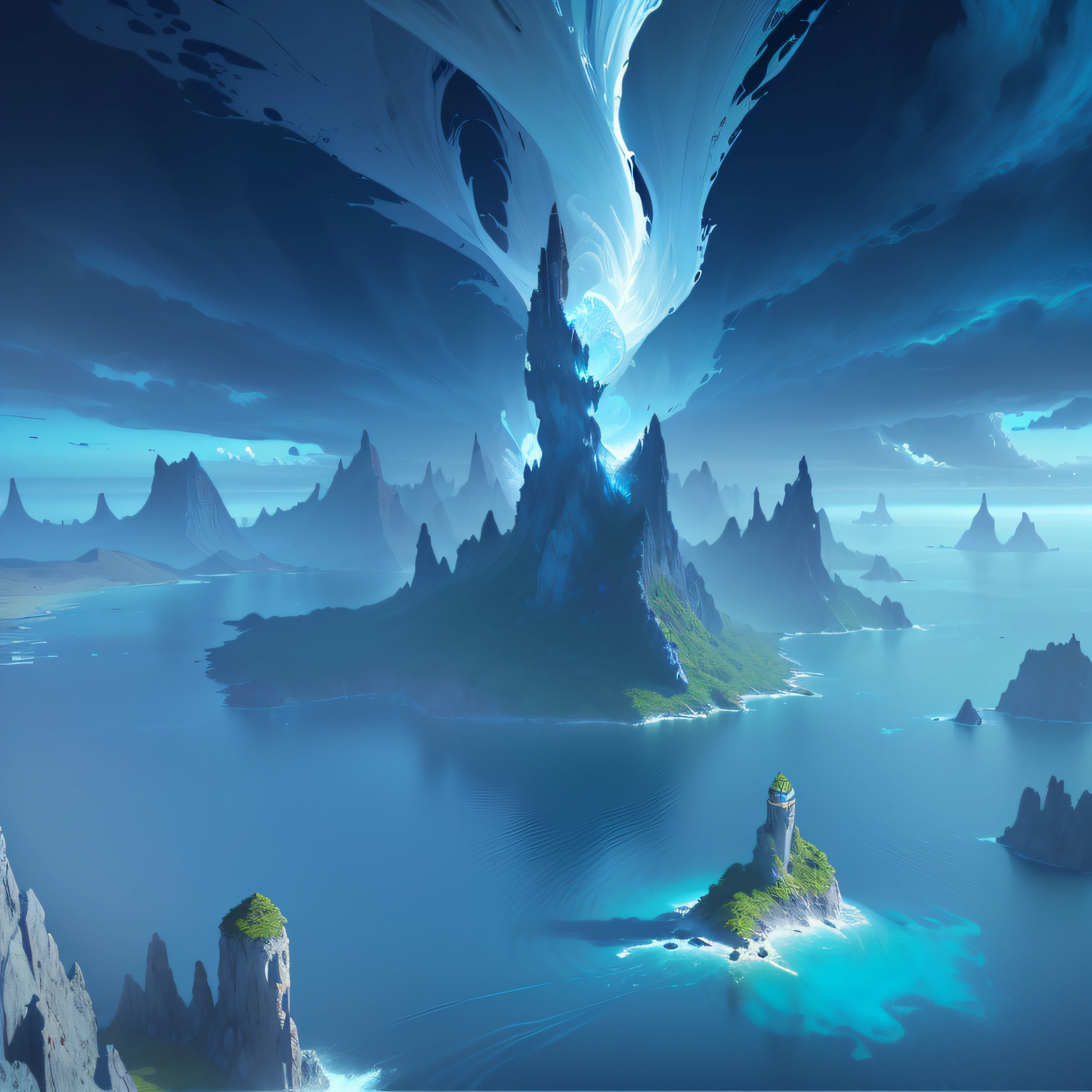 Small number of islands, fantasy, magical plant growth, demon land, vortex, equispecific distance, extreme detail, realistic light, epic composition, (intricate detail), (intricate design, hyper detail: 1.2), art station, (masterpiece, best quality), ultra hd, 32k image of a group of islands in the ocean, island background --v 6