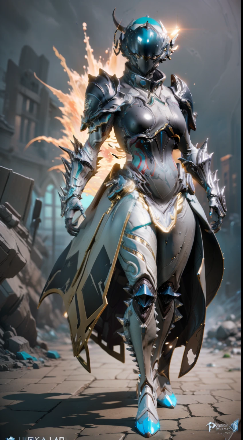 solo, super fine photo, full body picture Unreal Engine 5 8K UHD, female, white and dark grey color scheme armor, details, cyan tattoo details, see-through dress and pauldron, full face helmet, sun energy tentacle, best quality, masterpiece, official art, unified 8k wallpaper, ultra detailed, sharp focus, dynamic pose, body parts, concept character design art