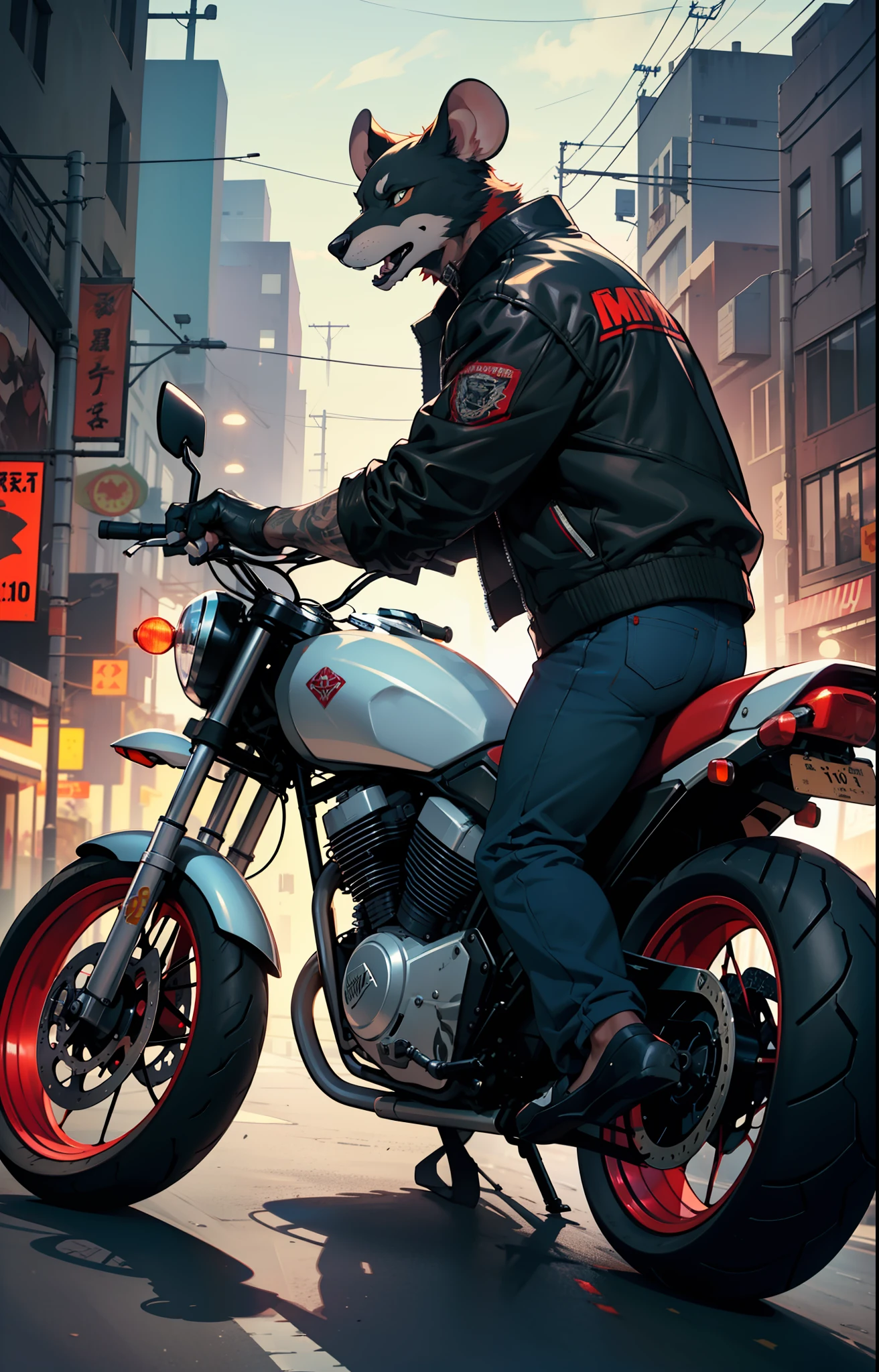 Masterpiece, (ultradadetailed), (Animal anthropomorphism), gangster theme, mouse, jacket, redhead. Motorcycle riding in dim light, tattoos, machine guns, smoke, shadows, corrupt cityscapes, highest quality, single focus, (thinness: 1.04), muscle man, full body, complex (high detail: 1.1) --auto