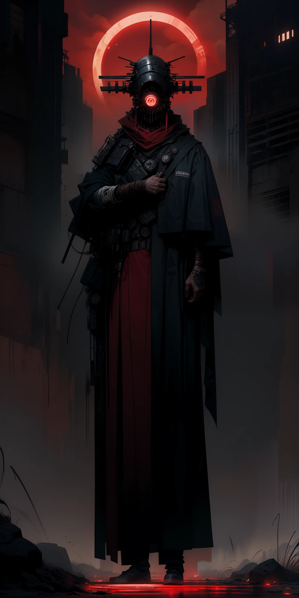 derpd, lethal prison assassin wearing robes, danger, red sky,post apocalypse, ropa de presidiario, ONE GIANT RED LIGHT EYE