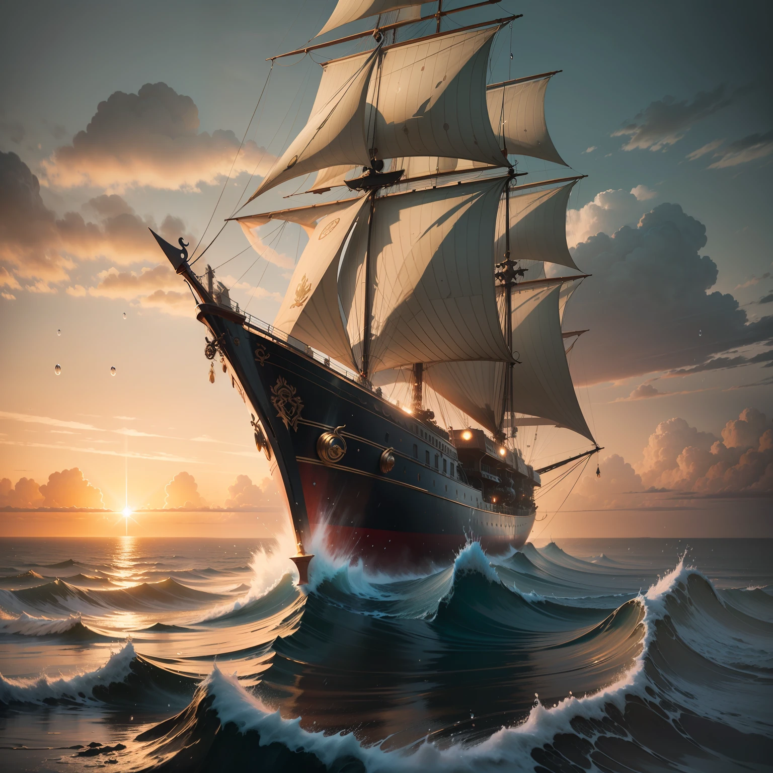 Magical surreal view of a drakkar ship at sea, suprematism, digital art, bright, beautiful, sunburst, sparkling gold dust and raindrops, cute and charming, filigree, framed lighting, lights, extreme, magic, surreal, fantasy, trend art stations, sharp focus, intricate detail, high detail, intricate masterpiece of art, sinister, matte painting, golden ratio, cgsociety trend, intricate, epic, highly detailed, vivid, production cinematic character rendering, super high quality model