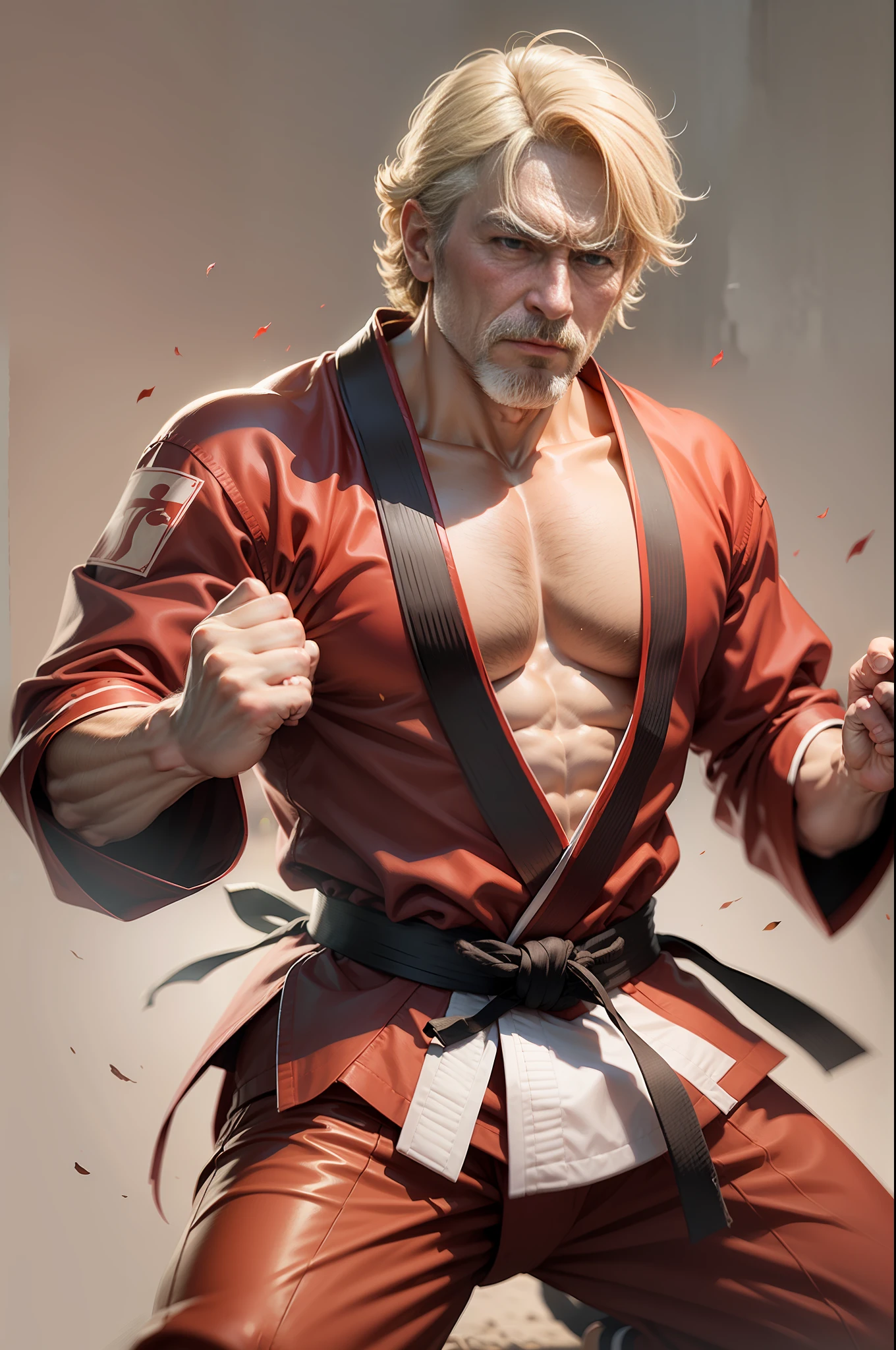 Strong man ((Ken Street Figther)) medium blonde hair, wearing a red cloth kimono, black karate sash in a square, karate fighting pose.