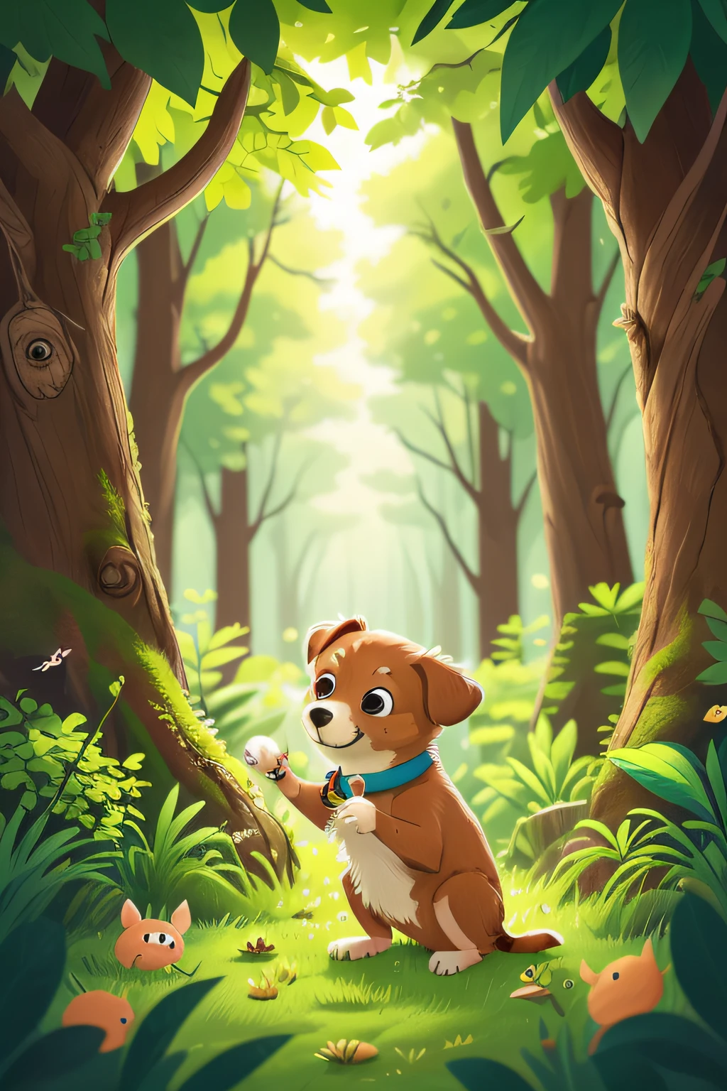 A dog playing in the forest, cute, deciduous forest