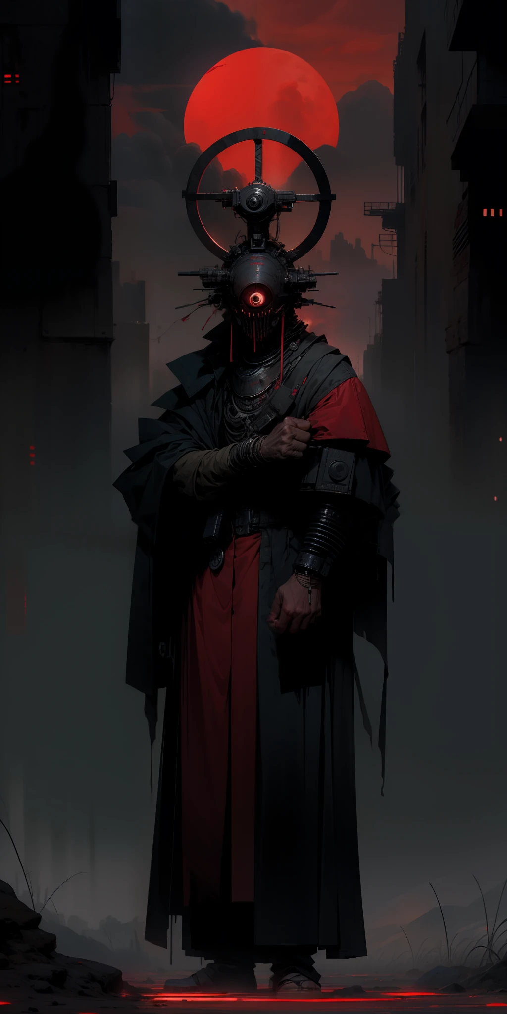 derpd, lethal prison killer in robes, danger, red sky, post apocalypse, prisoner clothes, a giant eye of red light, RED JAIL CLOTHES, Mamluk, slipknot