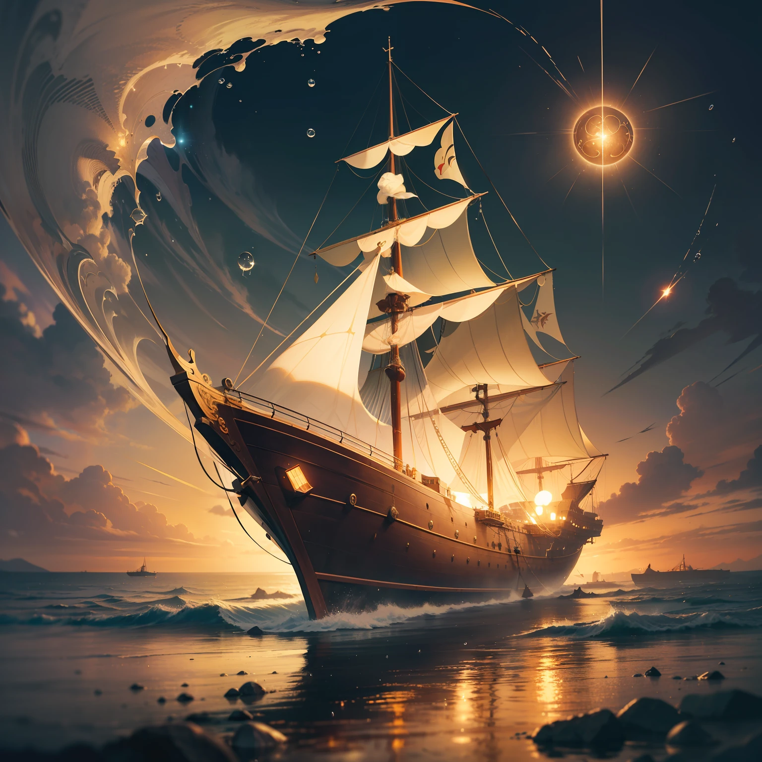 Magical surreal view of a drakkar ship at sea, suprematism, digital art, bright, beautiful, sunburst, sparkling gold dust and raindrops, cute and charming, filigree, framed lighting, lights, extreme, magic, surreal, fantasy, trend art stations, sharp focus, intricate detail, high detail, intricate masterpiece of art, sinister, matte painting, golden ratio, cgsociety trend, intricate, epic, highly detailed, vivid, production cinematic character rendering, super high quality model