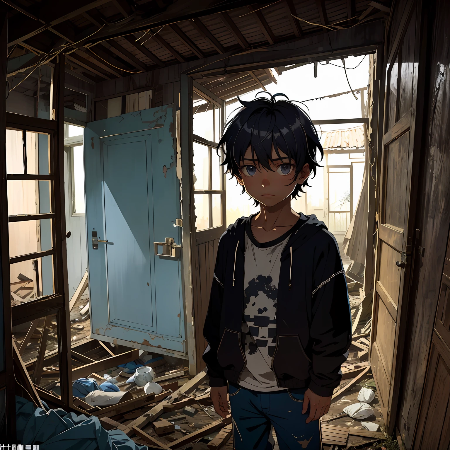 1 boy, handsome in appearance, tattered clothes, found in the corner under the ruins of the house, with different pupils, the whole body exudes a black-purple aura --auto