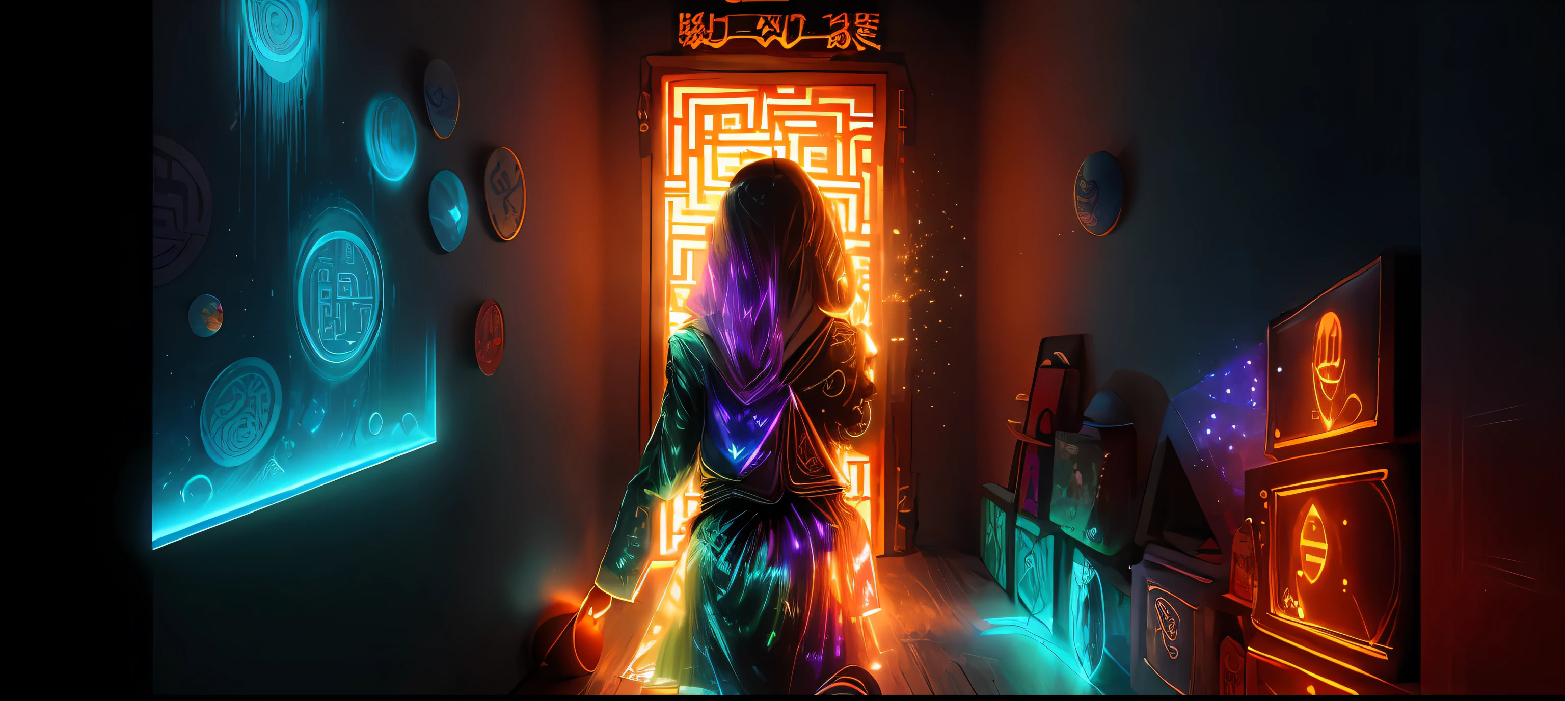 Narrow corridor, a girl's running forward, secret room, immersive indoor horror theme, blood, escape room, holography, projection, LED, maze, lines, riddles, , the ground has a maze pattern, the top is a mirror, reflection, there are horror holographic avatars on the left and right walls, haunted house, inception, distortion, space transformation, specular reflection, complex patterns, holographic transparent glass, Chinese character symbols, Taoism, yin and yang, transparent suspended horror face,