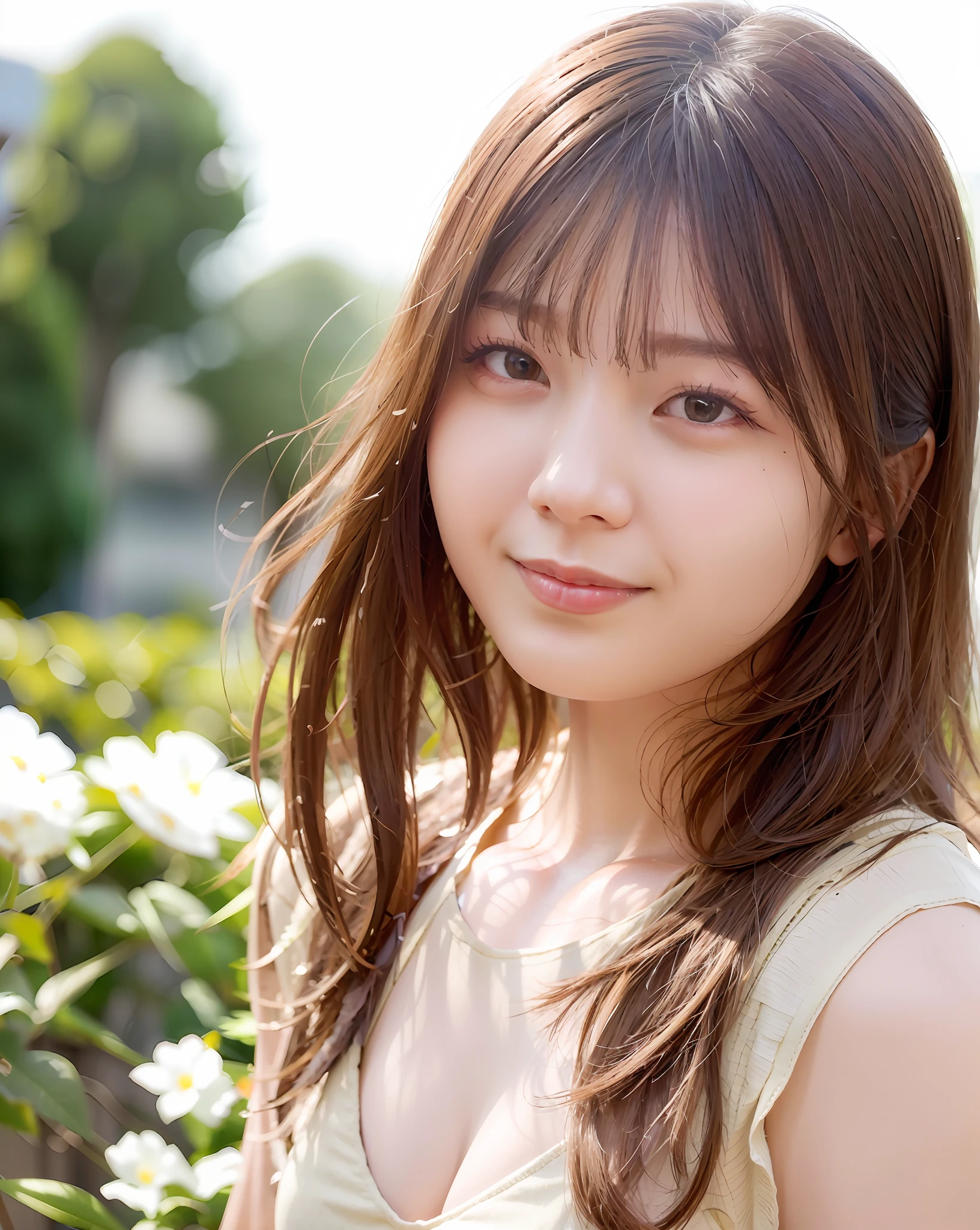 Top Quality, 1 Girl, (Skindentation), (Too Huge), (Sun), Bright, Blurred Background, Outdoors, (Street: 0.6), (People, Crowd: 1), (Braided Bangs, Wavy Hair: 1.5), (See-Through Shirt: 1.8), (Camisole: 1.8), Gorgeous (Floating Hair: 1.2), (Dynamic Pose: 1.8), Soft Lighting, Wind, Garden