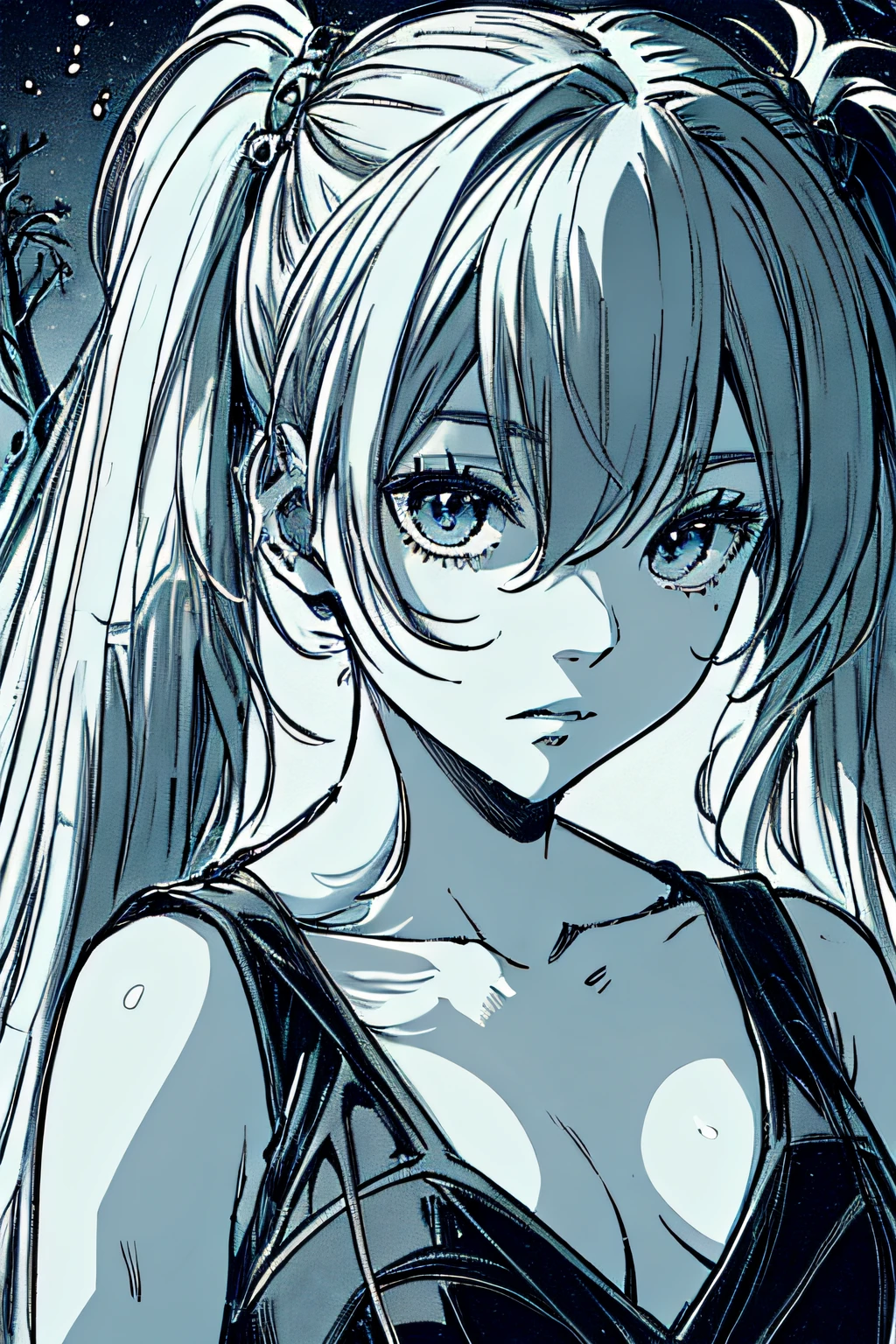 (by Yuko Higuchi:1.4)，Higuchi Yuko,(by Yoh:1.2),(masterpiece,best quality,官方艺术,美丽和审美:1.2),(ultra-detailed),finely detail,best illustration,hand drawn high quality,(High contrast),(clean lines:1.3),(lineart),line drawing,(Intricate lines),ligne claire,fractal art,pen drawing,ukiyo-e style,(portrait,above the chest,extremely close-up:1.1),zombie girl, girl,(she is surrounded by dead trees:1.1),big eyes,(wavy air,Pigtails),Corpse Bride,Wraparound composition,flat chest,mysterious night,(Intricate details),(detailed background:1.2),(colorful),High Resolution